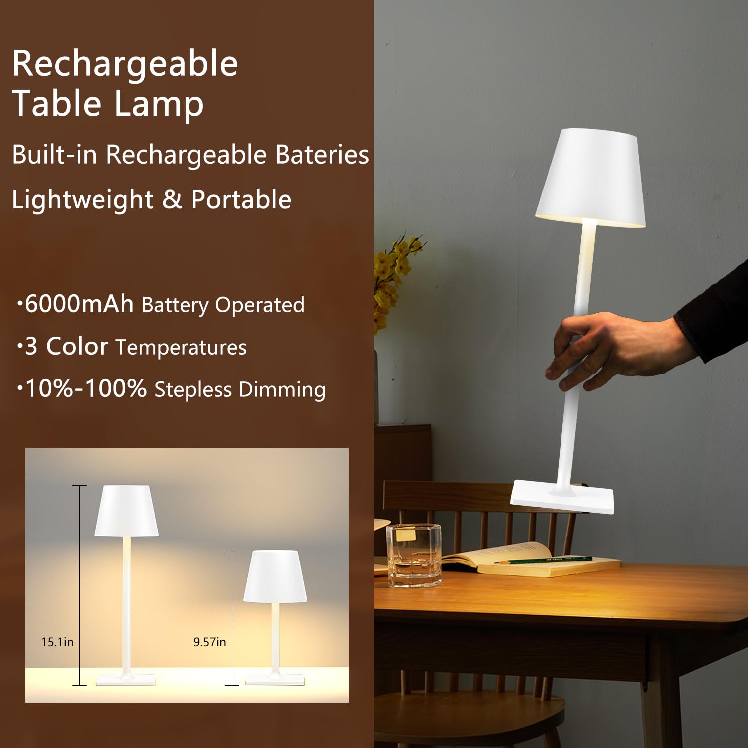 Fizrice Cordless Table Lamp, Rechargeable 6000mAh, Waterproof, Touch Control, Portable, White, Model TL-W, 2 Pack