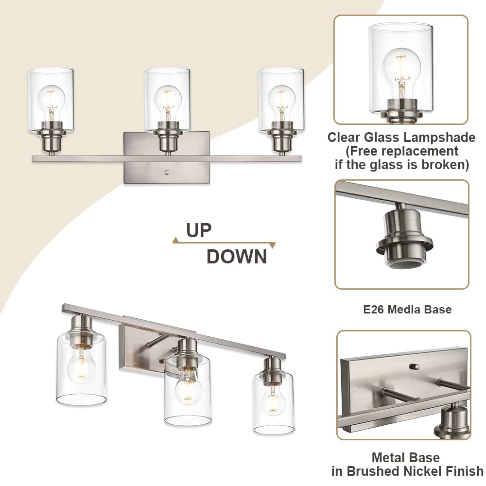 VINLUZ 3 Light Indoor Vanity Light Fixture, Brushed Nickel with Clear Glass Shade, Farmhouse Bathroom Lighting for Mirror, Porch, Workshop