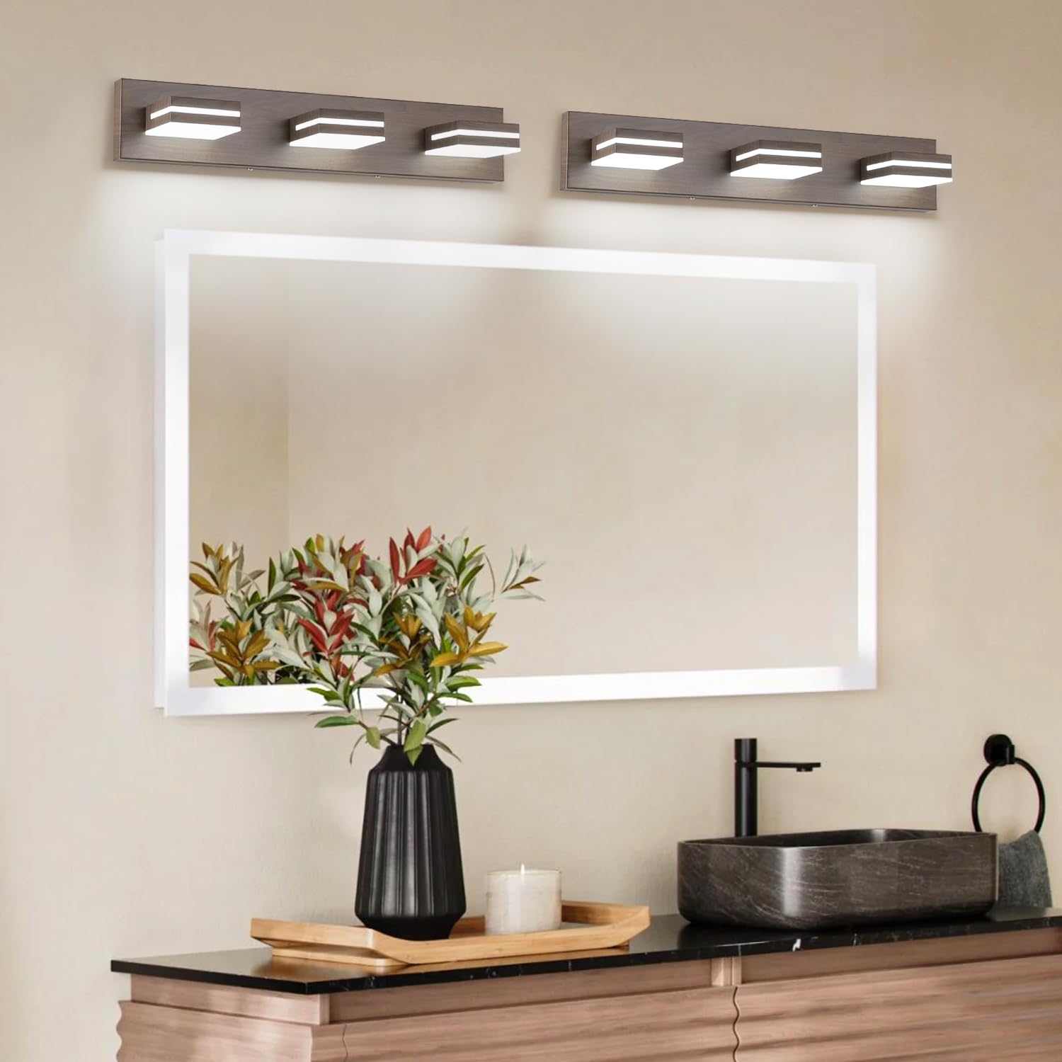 Sinerise Led Modern Bathroom Vanity Light Fixtures (3-Light, 24-Inch), Brown Wood Painted Modern Acrylic Bathroom Wall Lighting