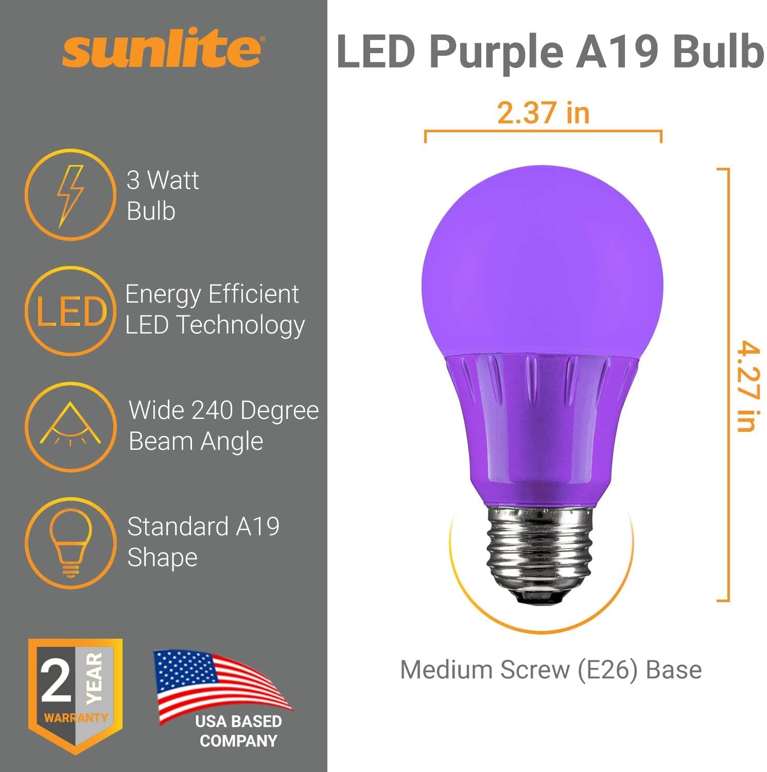 Sunlite 41520-Su Led Decorative 3 Watt (25W Equivilant) Holiday Light Bulb, Halloween Lighting, 120 Volt E26 Medium Base, Non-Dimmable, Ul Listed, Orange And Purple 4 Pack