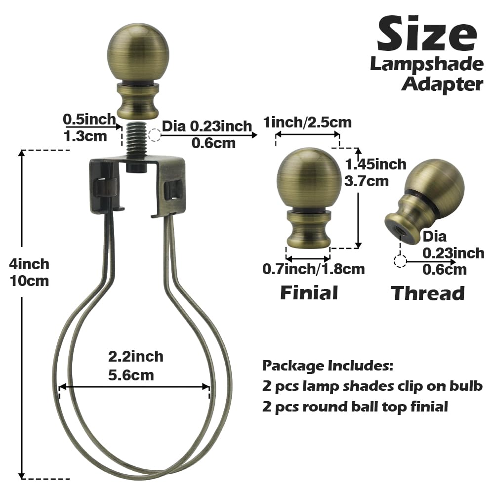 Asjeumt 2Pcs Lamp Shade Light Bulb Clip Adapter Kit, Bronze Lampshade Holder Adapter With Round Top Finial, No Harp Required, Cl