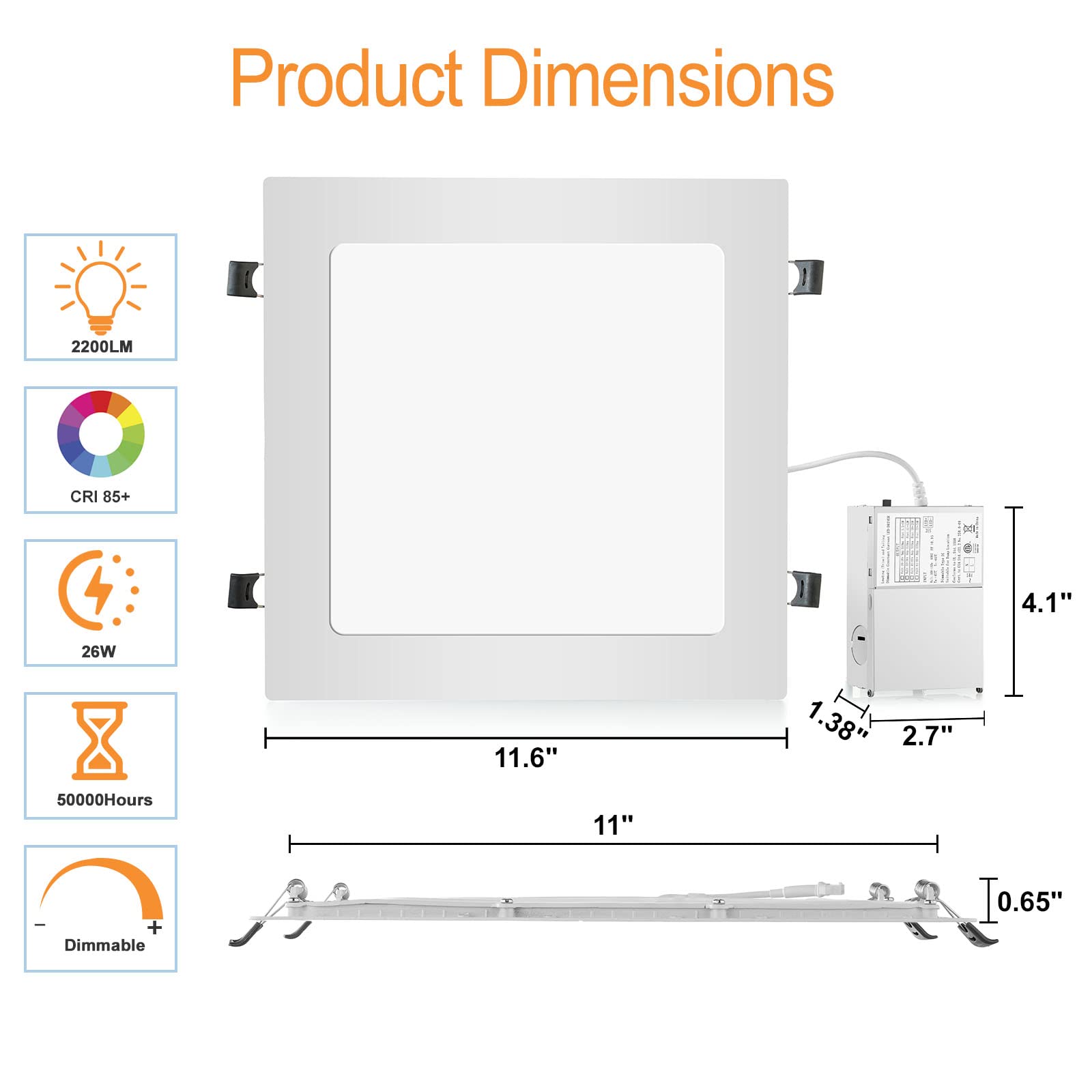 11 Inch 26W Square Led Recessed Light, 3 Color Temperature Selectable & Dimmable Lamp, 2200 Lumens Ultra Thin Led Canless Downlight Lighting With Junction Box For Living Room Kitchen Bedroom…