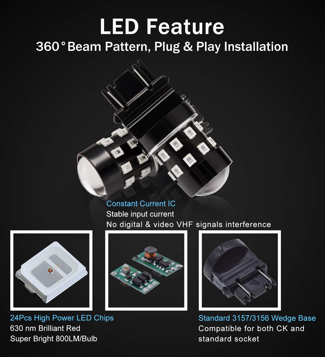 BRISHINE LED Bulbs T25 3157 3156 3057 3056 4057 4157, 24-SMD Chipsets, Brilliant Red, Pack of 2