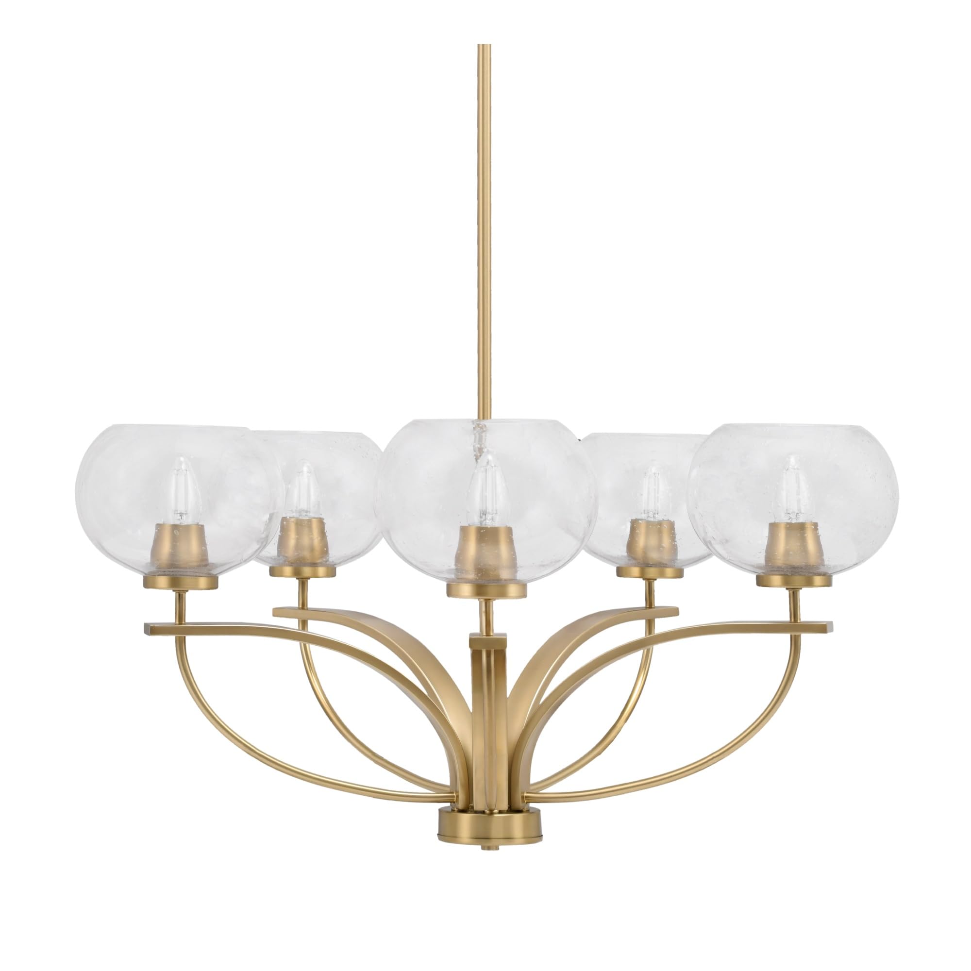 Toltec Lighting Cavella 5 Light, Uplight Chandelier, Hang Straight Swivel, New Age Brass Finish, 7&quot; Clear Bubble Glass