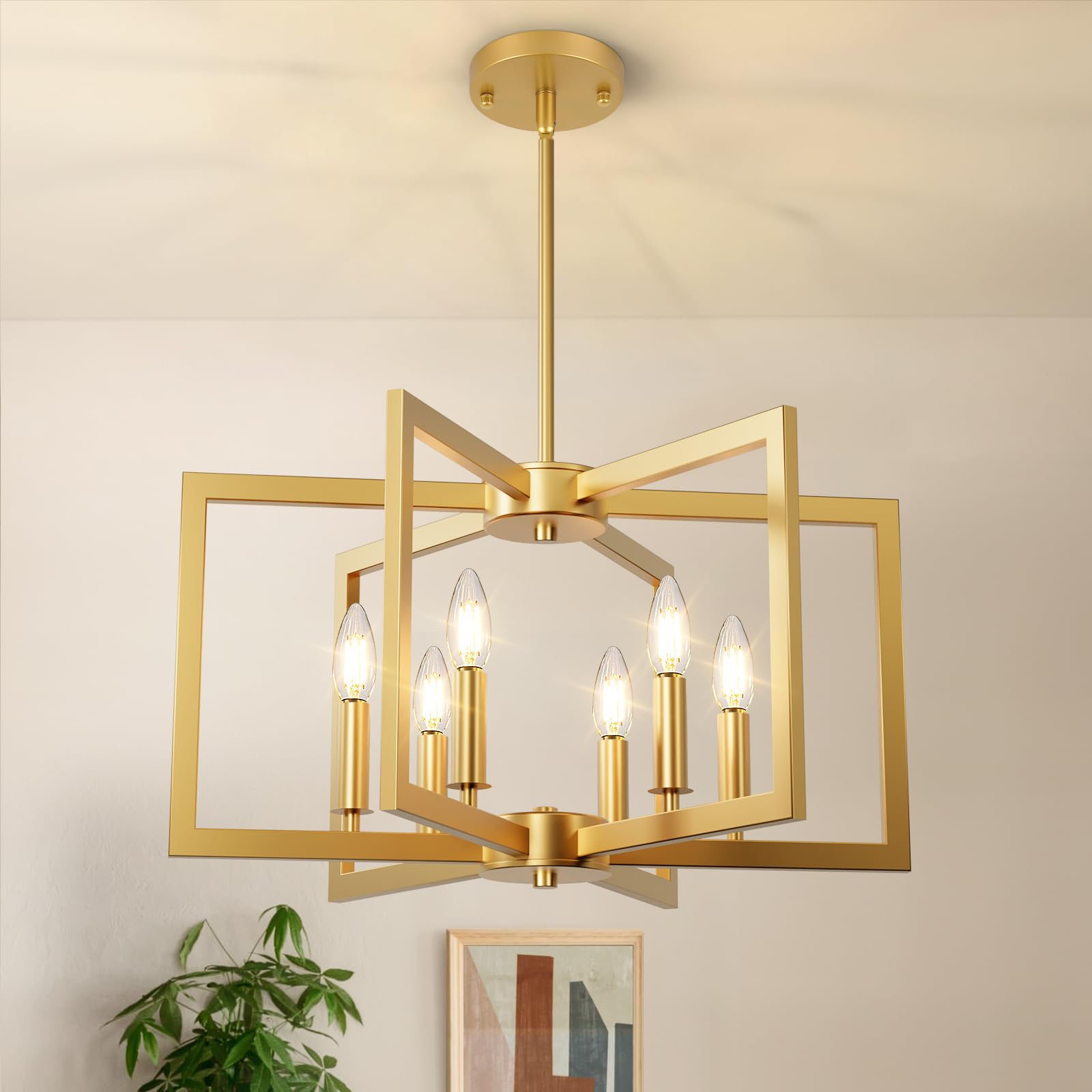 6-Light Gold Chandelier, Farmhouse Dining Room Light Fixture, 21.3In Modern Chandelier, Geometric Industrial Metal Hang Lighting