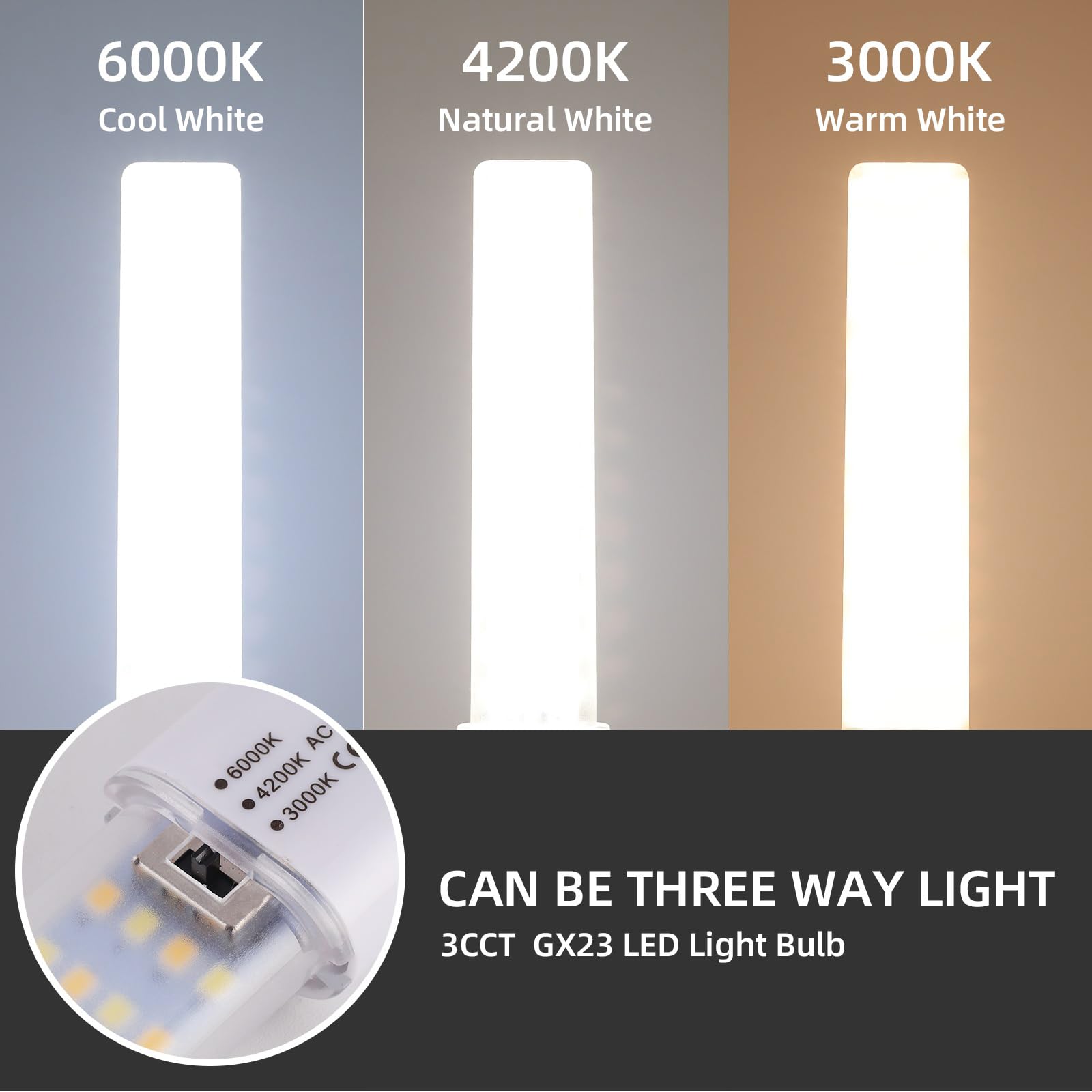 Lidesheng Gx23 Led Light Bulb 6W Replacement 13W Cfl Led Stick Pl Bulb Gx23-2 Pin Base, 3 Color Selectable 3000K/4200K/6000K 360