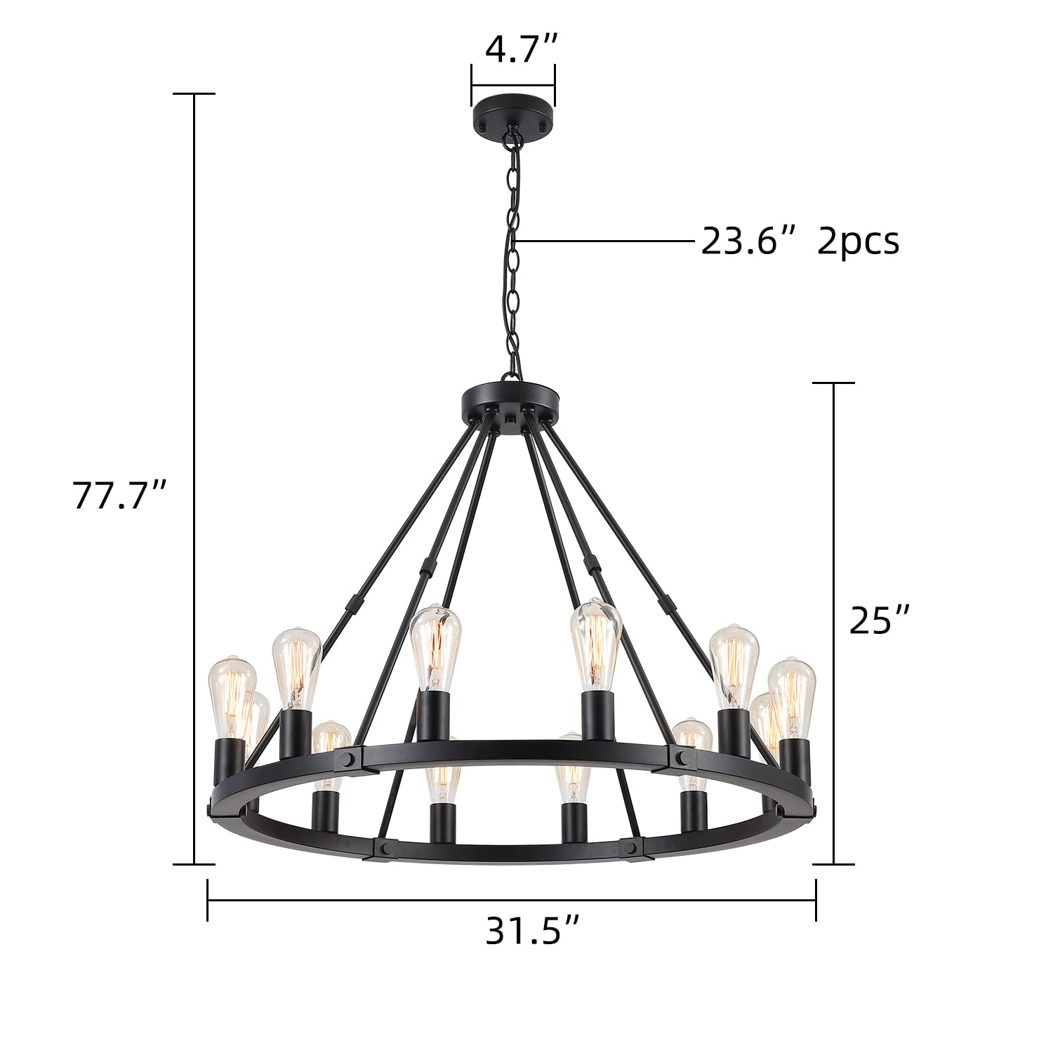 9MMML Black Wagon Wheel Chandelier, 12 Lights, Adjustable Height 31.5in, Iron, Industrial Farmhouse Pendant Light