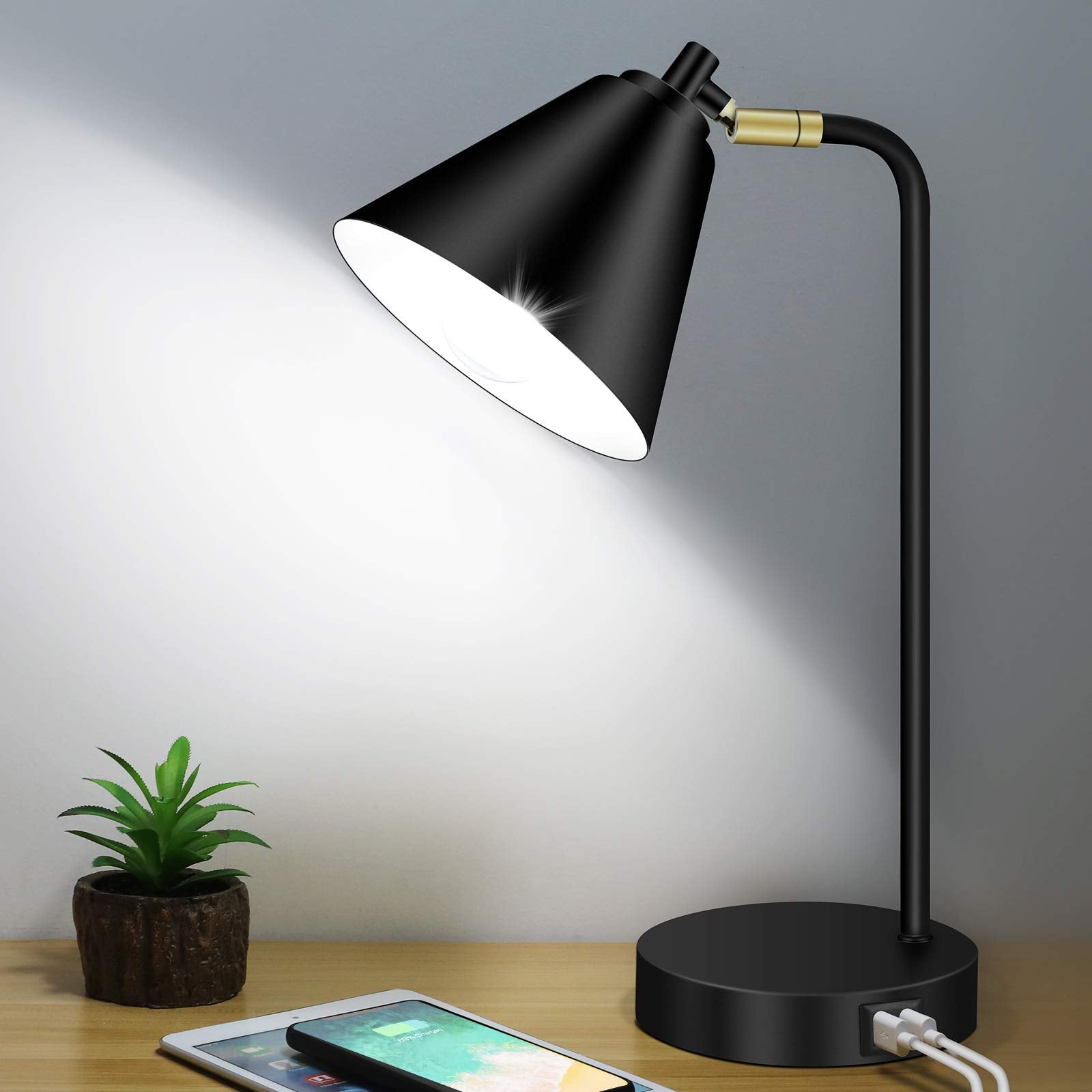 Industrial 3 Way Dimmable Touch Control Desk Lamp with 2 USB Ports & AC Outlet Bedside Nightstand Reading Lamp Flexible Head Far