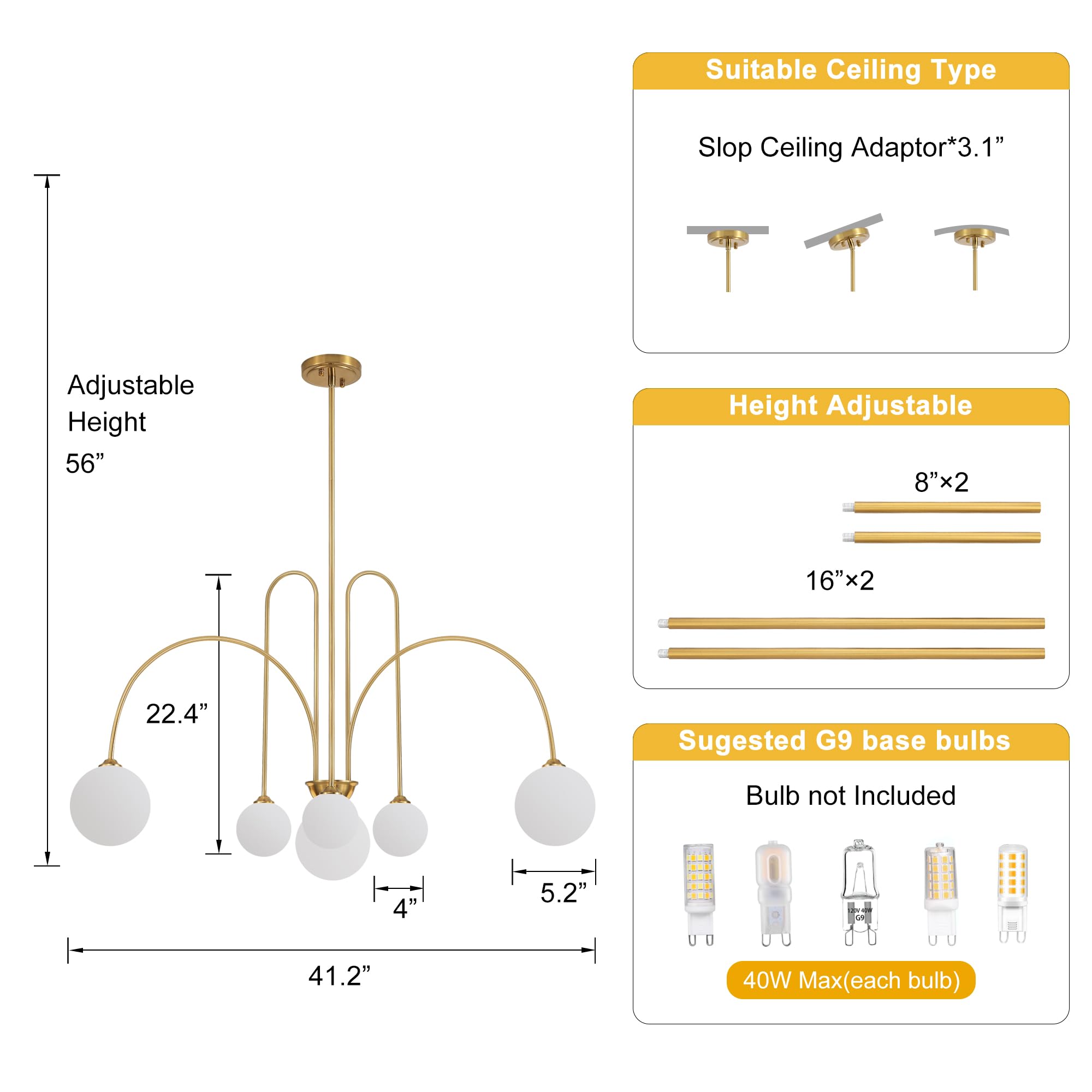 Kveosv Gold Sputnik Chandelier,6 Lights Mid Century Chandelier For Dining Room Light Fixtures Over Table Large, L49    Ceiling P