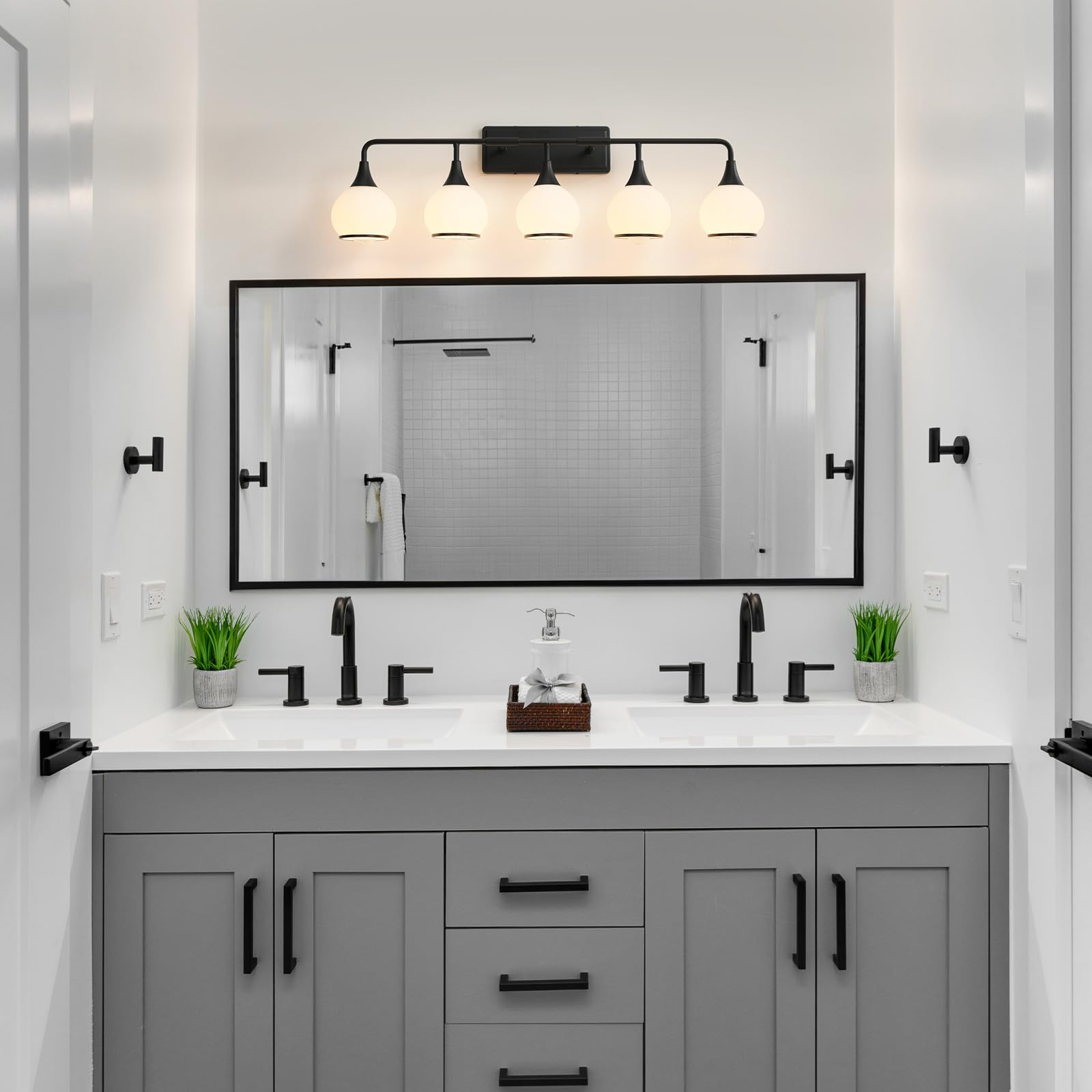 HAHZT 5-Light Black Bathroom Vanity Light Fixture with Milky White Frosted Glass Shade, Model 8033ML, 39.2 Inch Wall Sconce