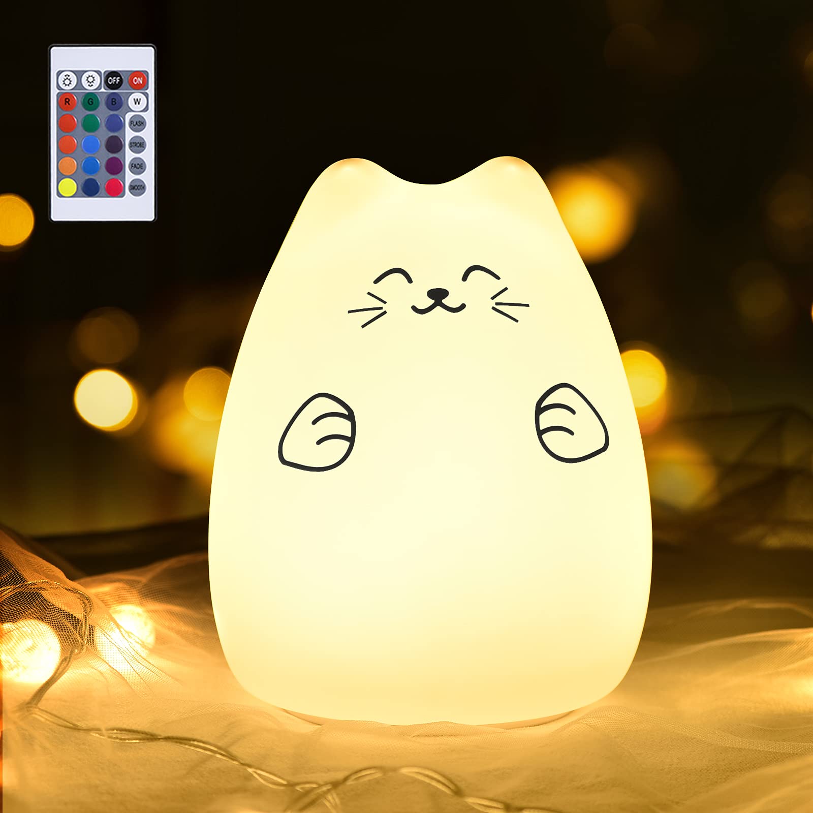 GoLine Night Light for Kids, 6 Inch Remote, Silicone, Fortune Cat, Model GL-NL009, Gifts for Girls 3-10 Years Old