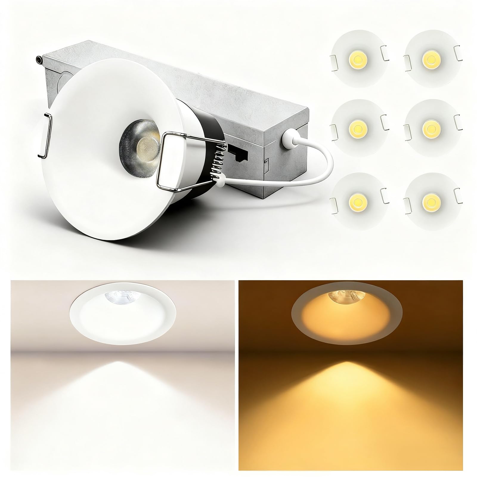 Sublimation 2 inch 5CCT Anti-Glare Led Recessed Lights  Deep Trim Canless Downlight  Waterproof recessed Lighting for Shower  CRI90+  9W  800LM Dimmable Can Lights with Jbox  White  ETL (6 Pack)