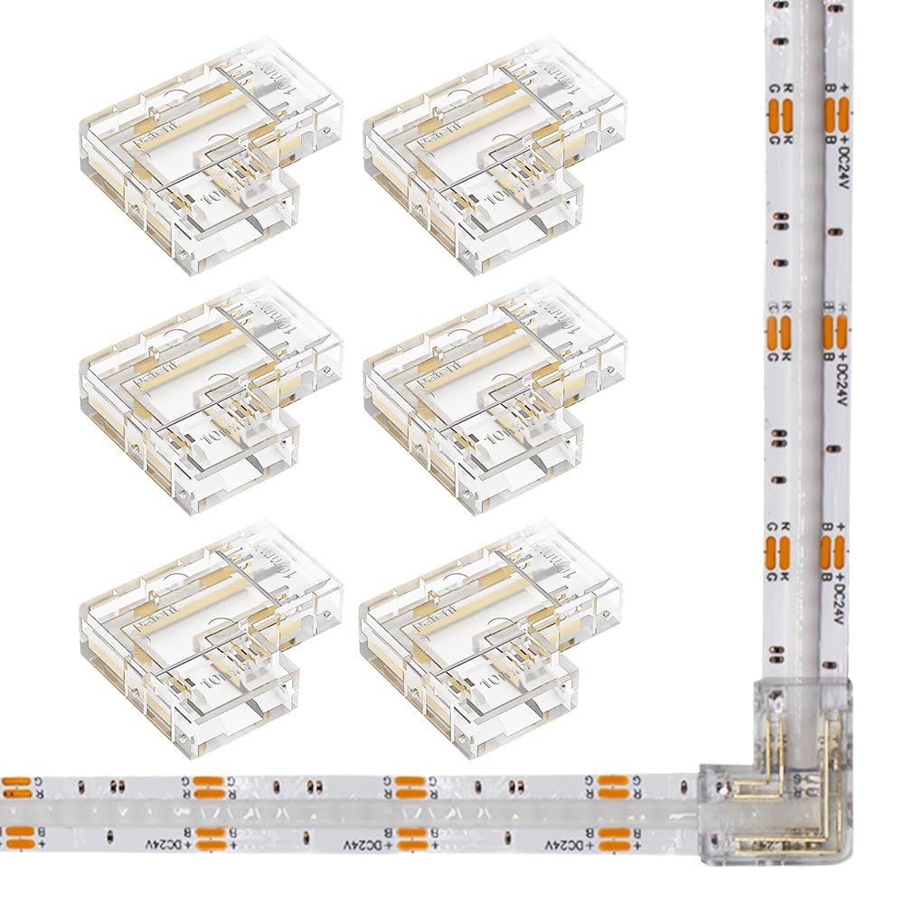 MJJC 6Pcs 4Pin 10mm RGB COB LED Band Light Corner Connectors L-Shaped 90 Degree Band to Band Solderless Quick Connectors for 4pin 10mm COB LED Tape Lights
