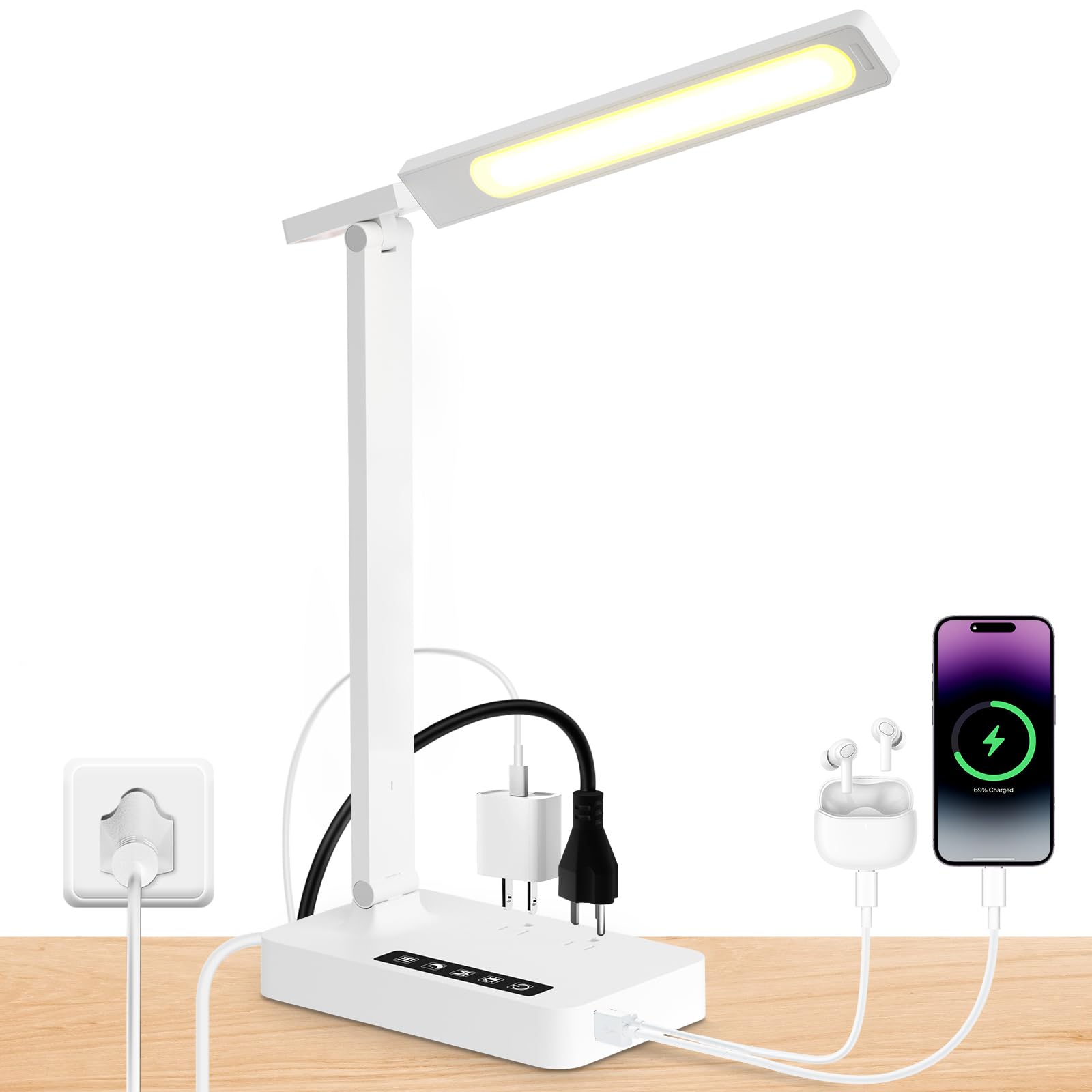 Infiway LED Desk Lamps for Home Office: Desk Lamp with USB Charging Port - 1 USB-A, 1 Type-C Ports, 2 AC Power Outlets, Touch Co