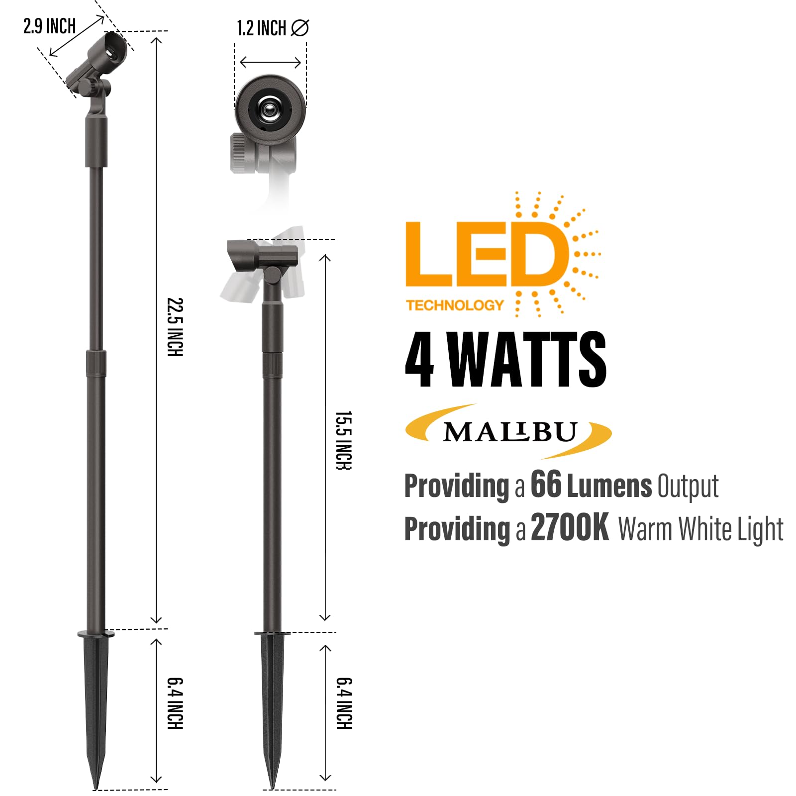 Malibu Low Voltage Led Telescoping Spotlight Wall Light Outdoor Spotlight Waterproof Lighting For Driveway, Yard, Lawn, Flood, Garden, Outdoor Lighting 8406-2606-01