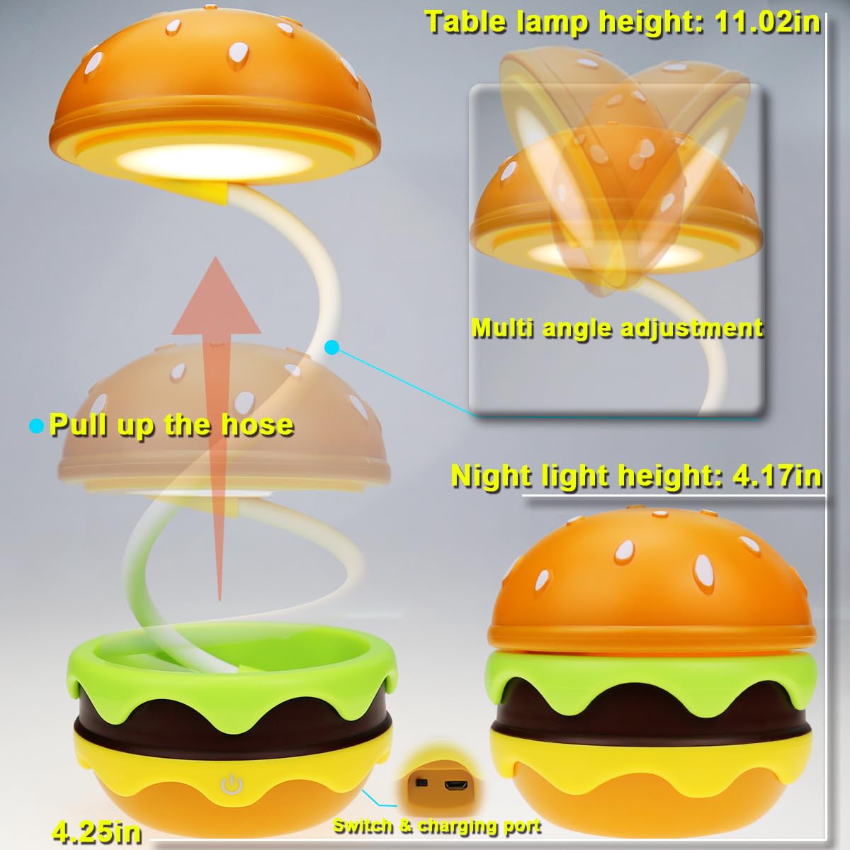 Cute Desk Lamp For Kids, Rechargeable Hamburger Small Desk Lamps With Adjustable Neck Dimmable Touch Switch, Nursery Night Light