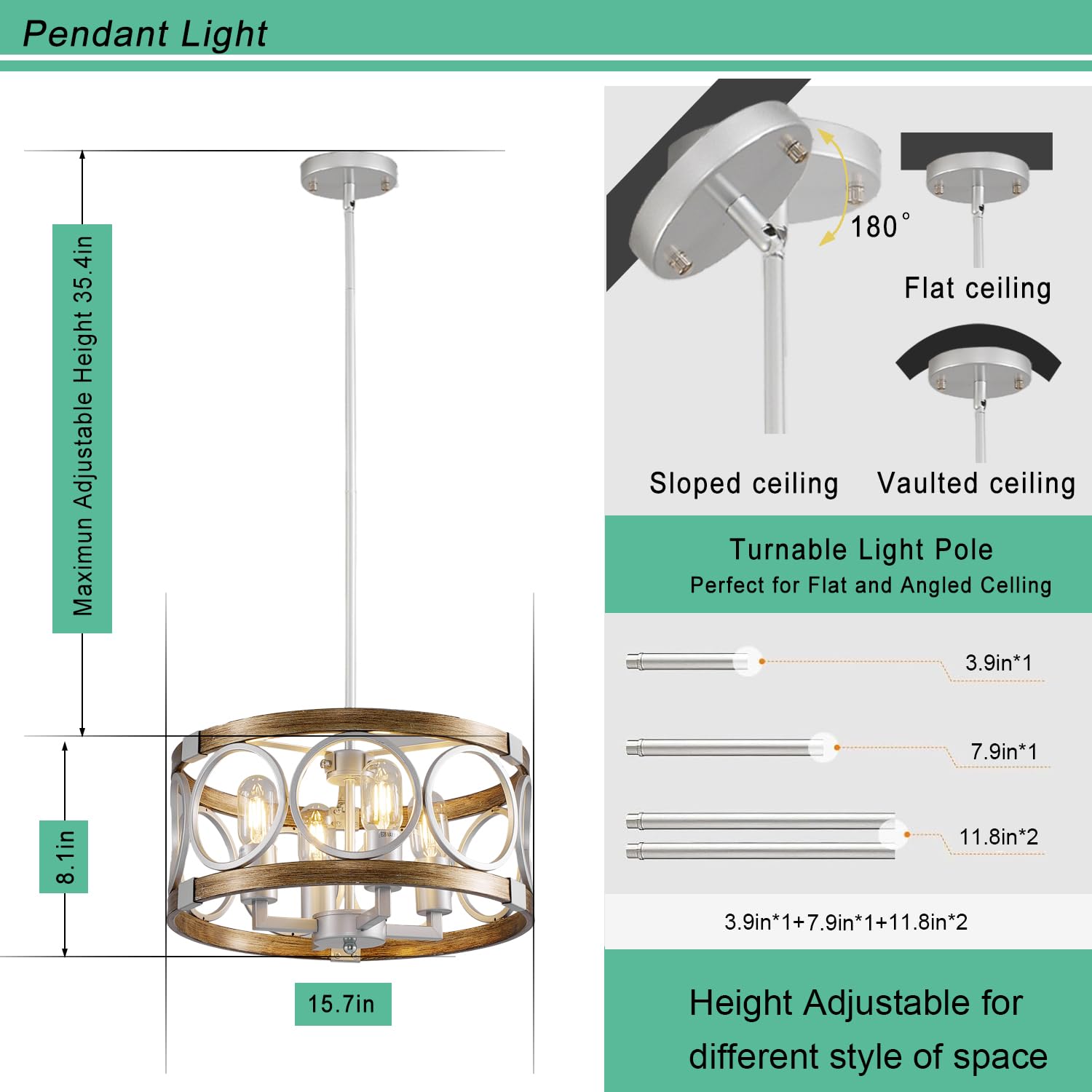 Shiandar Silver Farmhouse Chandelier Light Fixture, 4-Light Kitchen Lighting Fixture Ceiling Mount, Rustic Round Ceiling Hanging Kitchen Island Lighting For Dining Room Bedroomxture