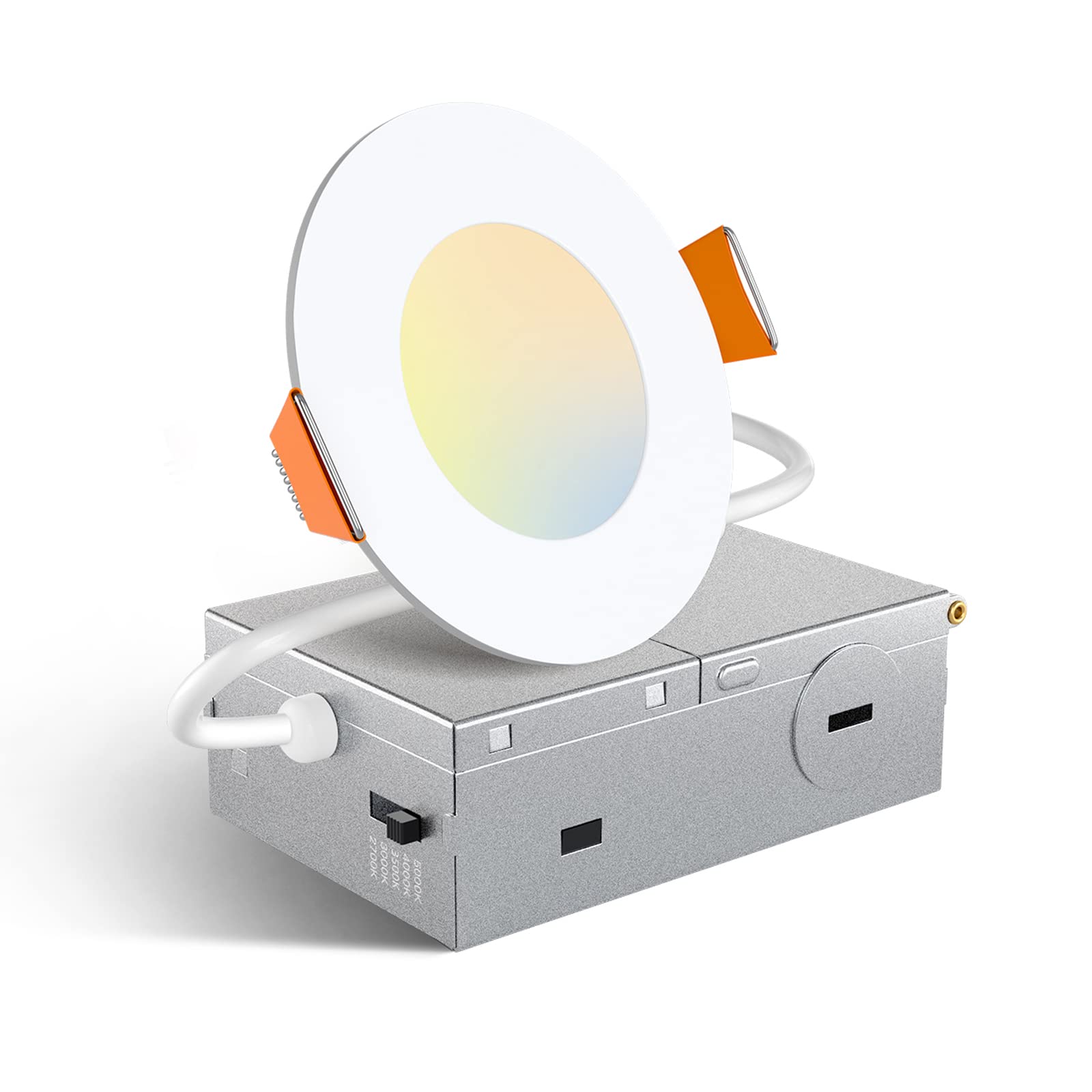 Amico 1 Pack 3 Inch 5CCT Ultra-Thin LED Recessed Ceiling Light with Junction Box, 2700K/3000K/3500K/4000K/5000K Selectable, 7W E