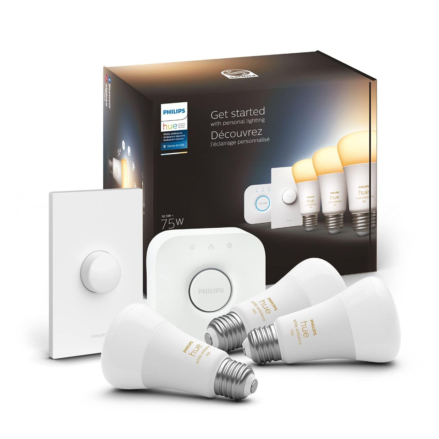 Philips Hue White Ambiance Base Lumen (60W) Smart Button Starter Kit, 16 Millions Colors, Works With Amazon Alexa, Google Assist