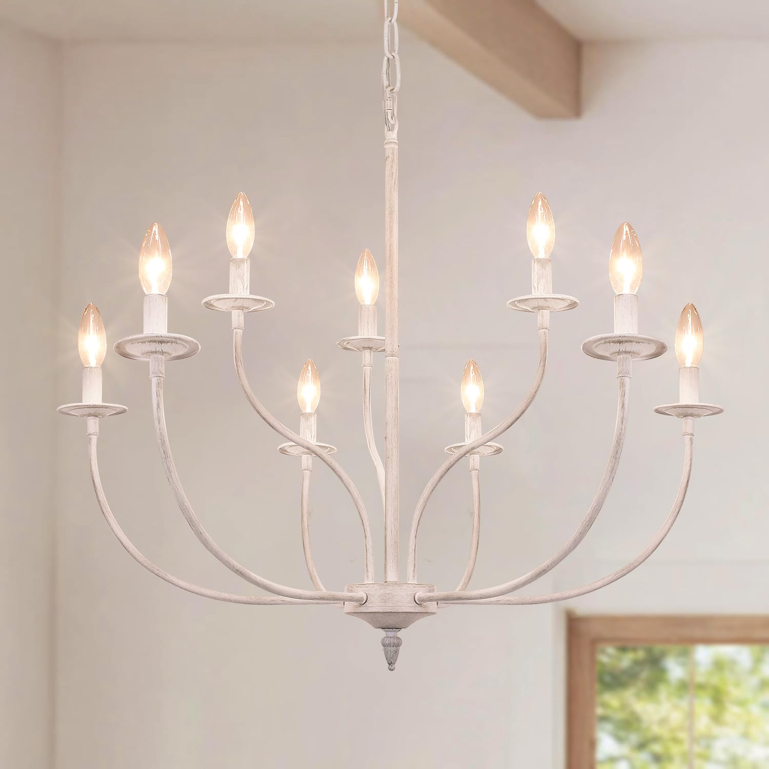 Rviezza French Country Chandelier, 9-Light Antique White Farmhouse Chandelier, 2-Tier Candle Modern Farmhouse Chandeliers for Di