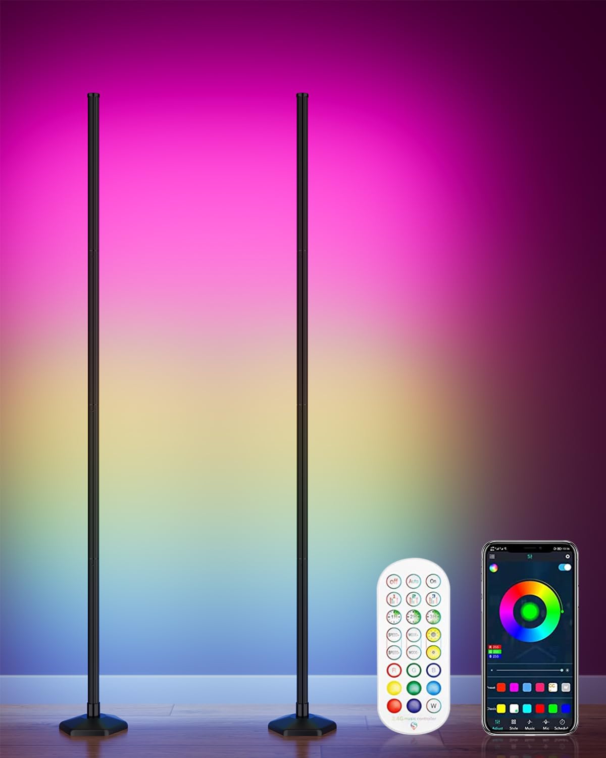 YIKBIK RGB Corner Floor Lamp, 65in Color Changing LED, Music Sync, Bluetooth APP, Remote Control, Aluminum, 2PCS, Model QJD-LJDZ-2PCS