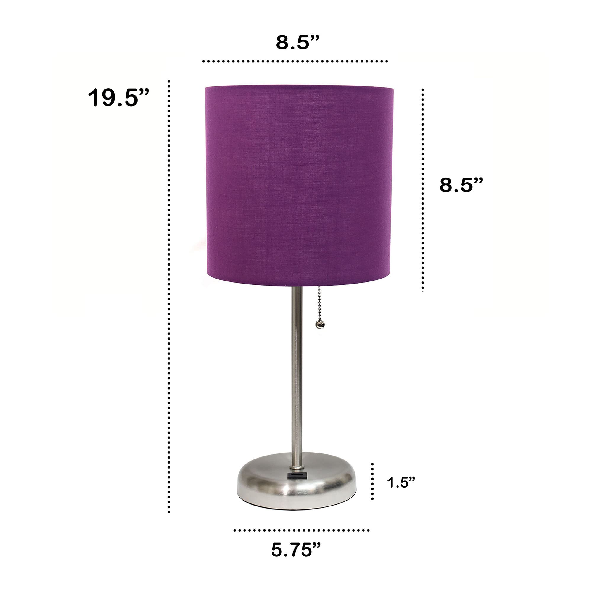 Creekwood Home Oslo 19.5" Contemporary Bedside Usb Port Feature Standard Metal Table Desk Lamp In Brushed Steel With Purple Drum Fabric Shade