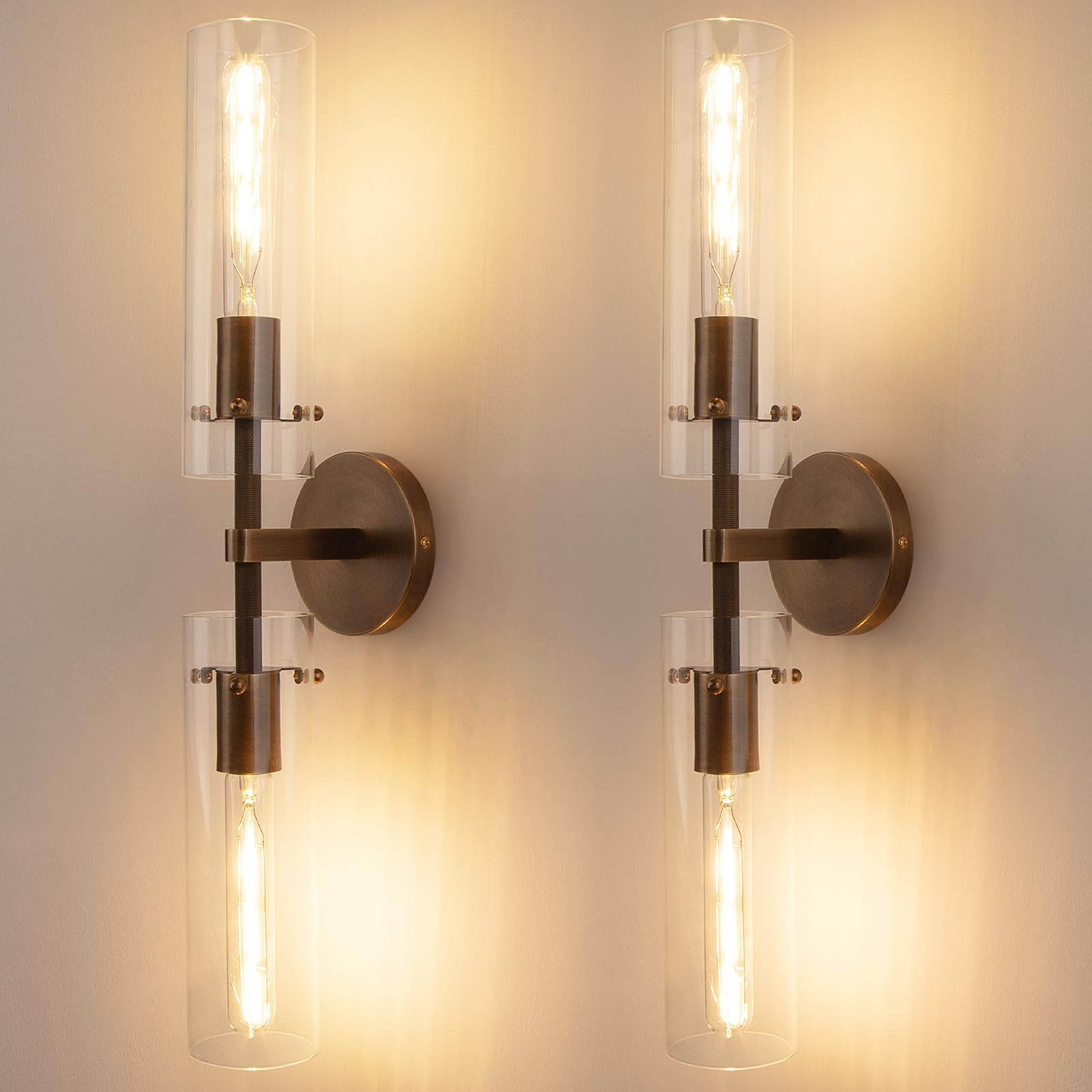 vookea Brass Bronze 2-Light Knurled Wall Sconce  Dual-Head Vanity Lamp Set of Two with Clear Glass Tube  Bathroom Wall Sconces  Wall Lights for Living Room Bedroom Hallway Kitchen Bathroom Mirror