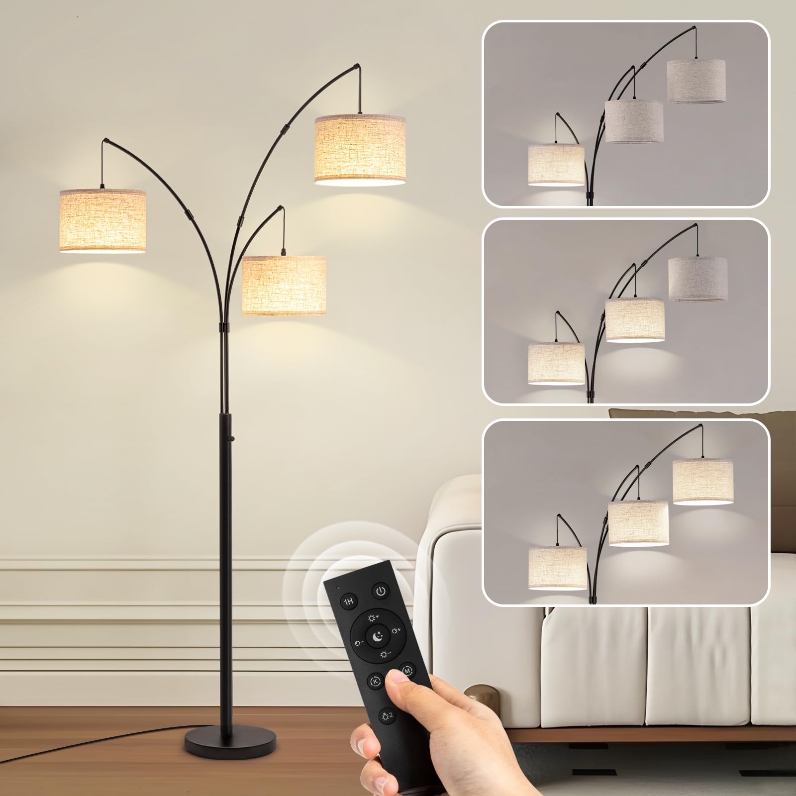 Netin Arc Floor Lamp with Remote, 3 Light Floor Lamp for Living Room Bright Lighting, 3 Color Temperature, Dimmable Tall Standin