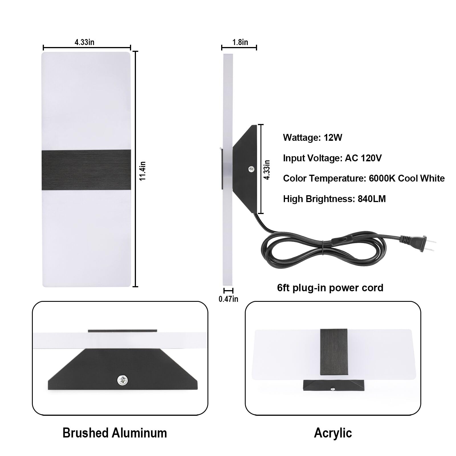 TRLIFE Wall Sconce, 12W LED 6000K Cool White, Aluminum, Plug-in with 6FT Cord, On/Off Switch, 1 Pack, Black