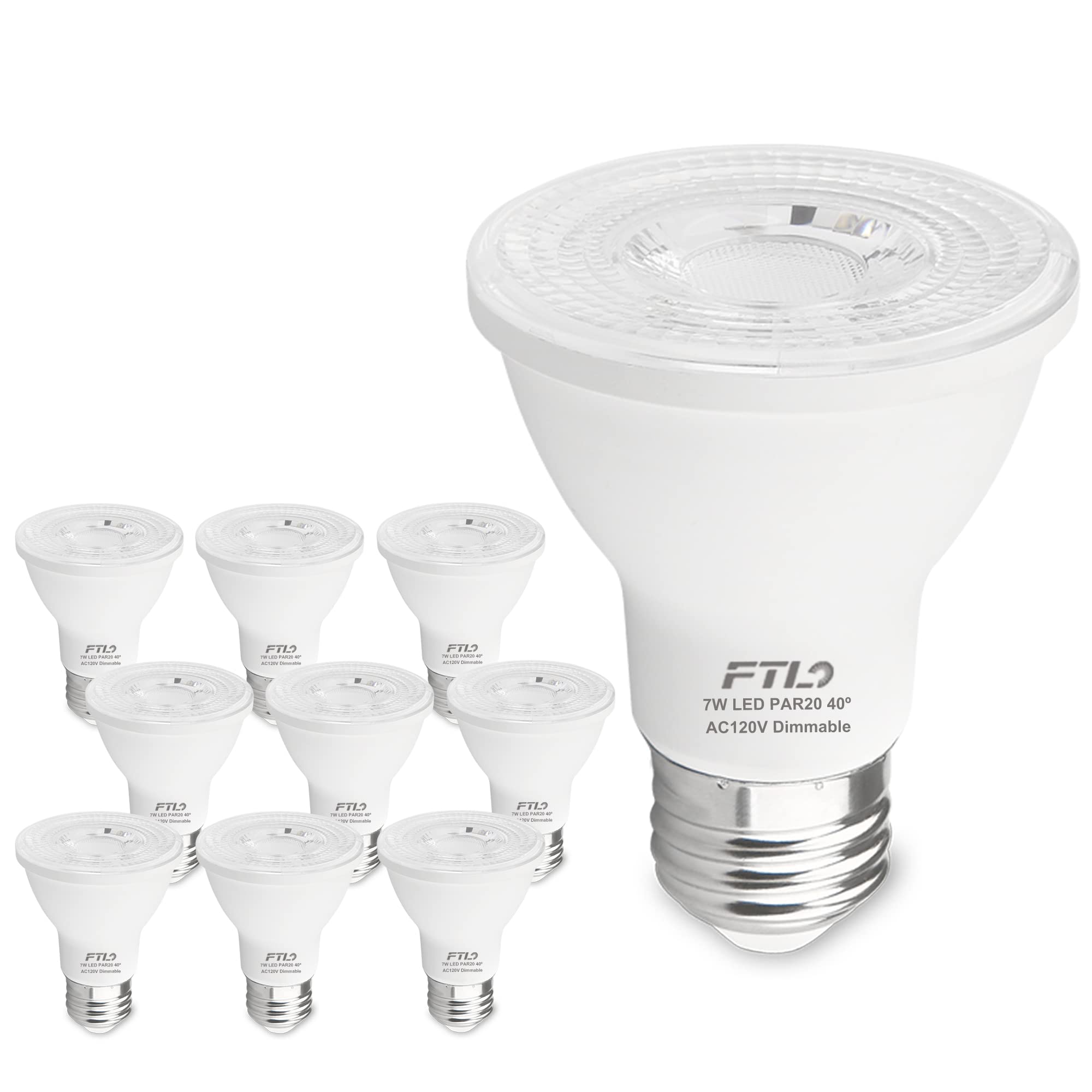 FTL PAR20 LED Bulbs 5000K Daylight White, 7W 600LM 50W 60W Equivalent, Dimmable Spot Light Bulb, E26 Base, Indoor Outdoor Flood 