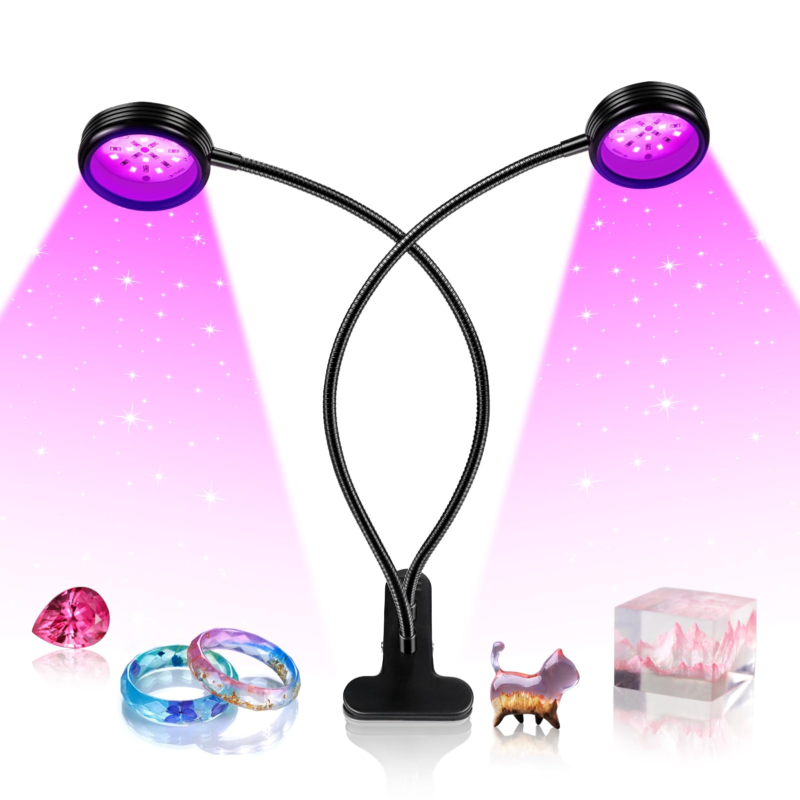 YGS-Tech LED Black Light Dual Head UV Gooseneck Lamp 10W USB Powered for Blacklight Party, 395-405nm, Round, 2 Head