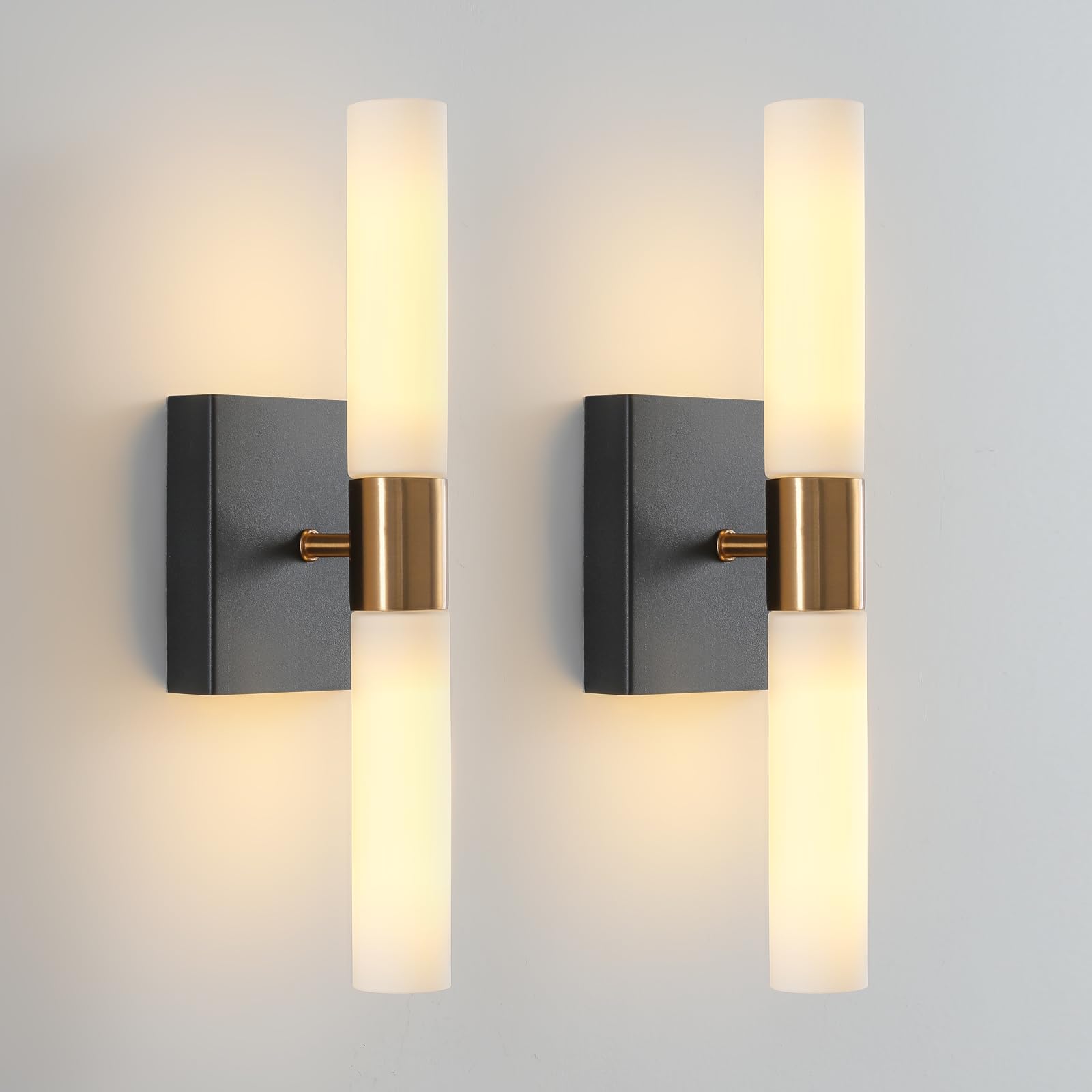 KUZZULL Wall Sconces Set of Two Black and Brass Gold Wall Lights with White Frosted Glass Shade Modern Wall Lamp for Bathroom Li