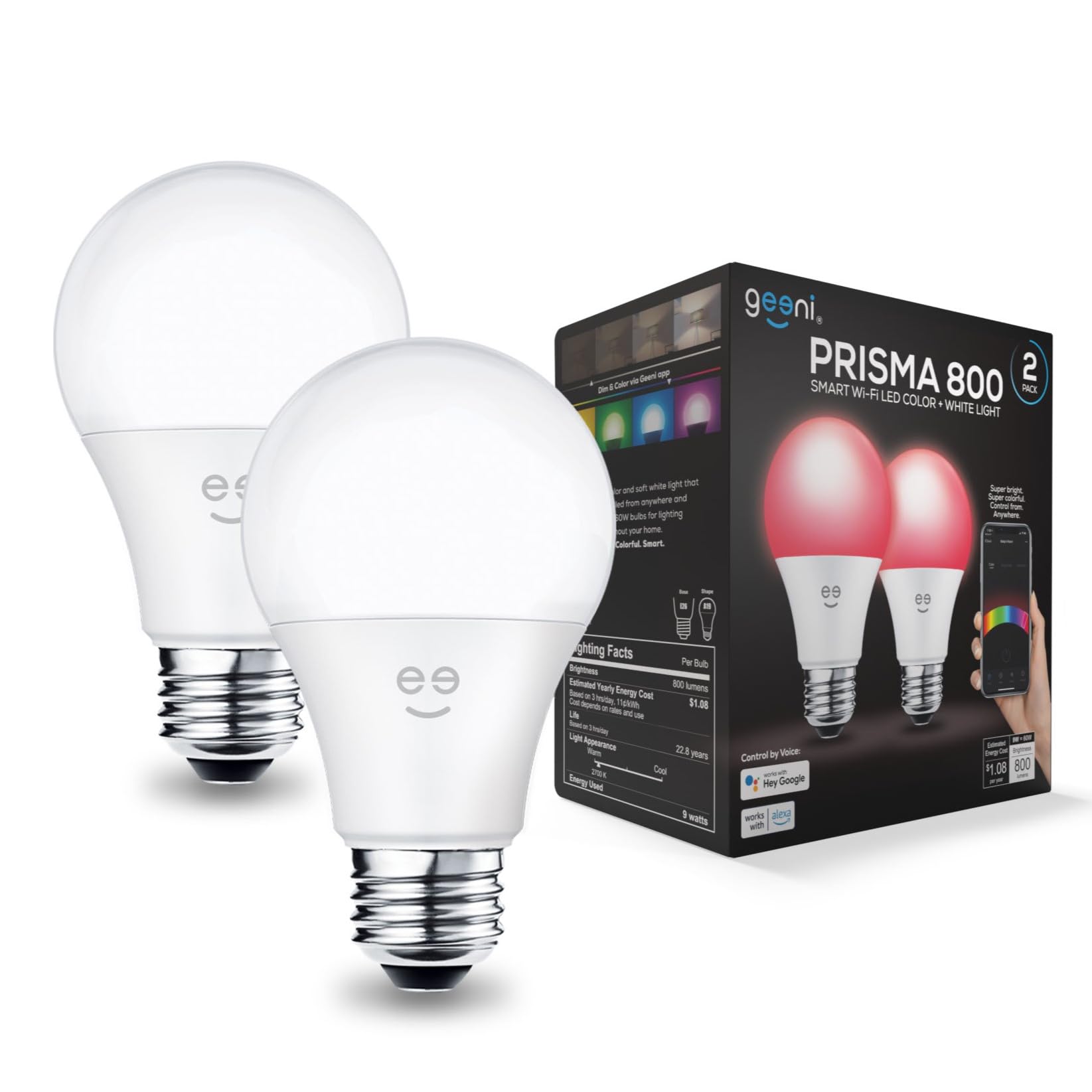 Geeni Prisma Smart Light Bulbs, 800 Lumens, Dimmable RGBW LED, A19, 2-Pack, Multicolor