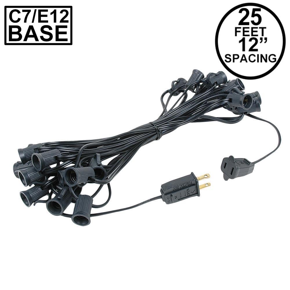 Novelty Lights C7 Outdoor String Lights - 25 Foot, Black Wire, 12in Spacing, Candelabra Base, Model BLACK-C7-25-12