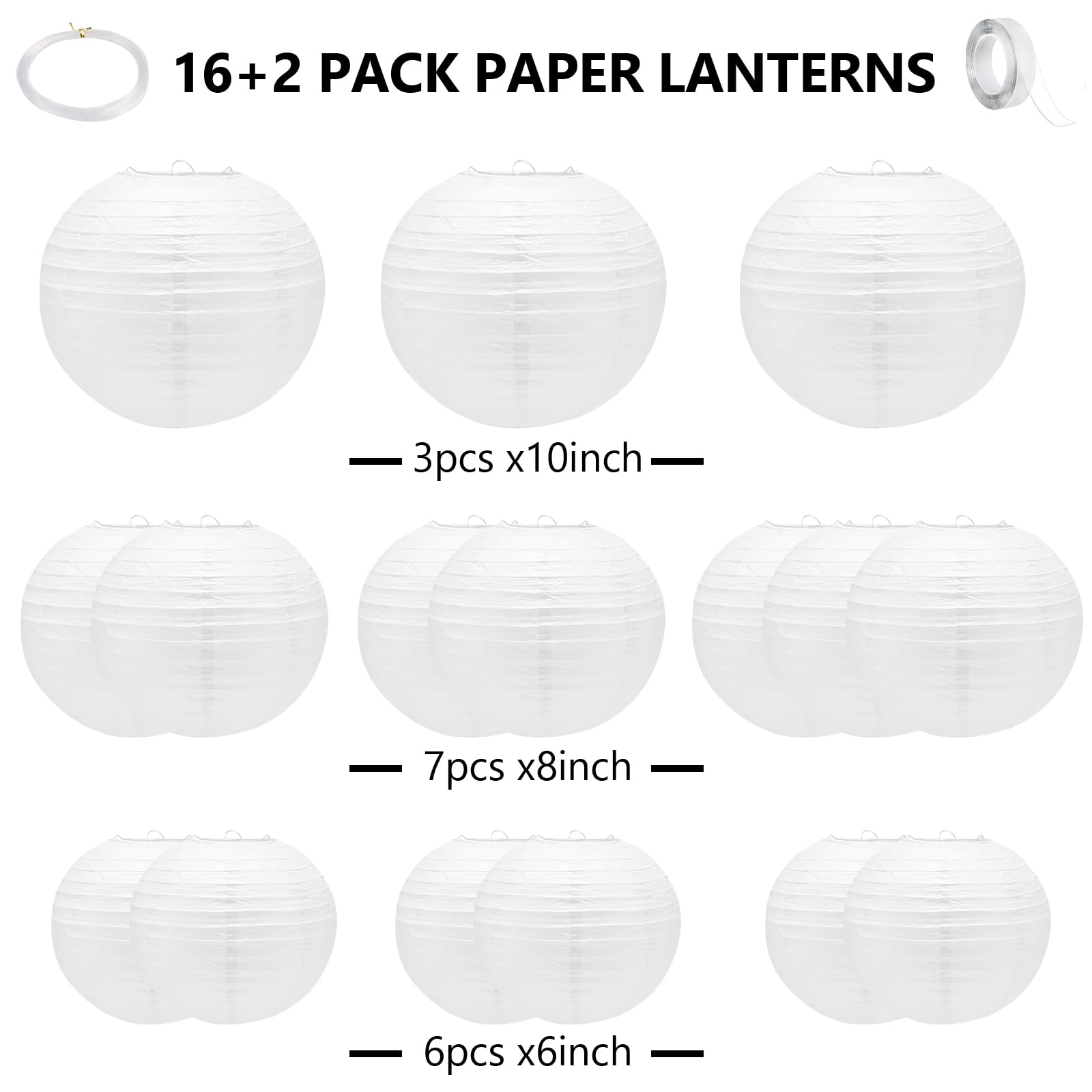 16 Pack White Paper Lanterns,Round Hanging Paper Lanterns Party Decorations With Tape And Stirng For Bridal Shower,Graduation,We