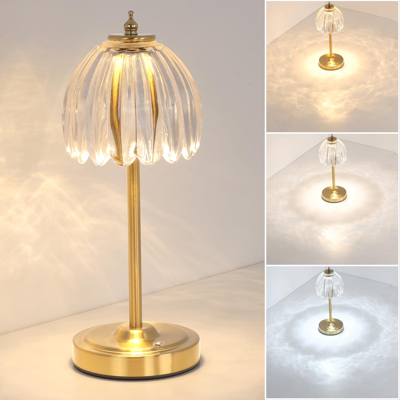 Shenmoyl Tulip Table Lamp with 5000mAh Battery & Touch Control, Cordless Small Table Lamp with 3 Colors, Dimmable Rechargeable T
