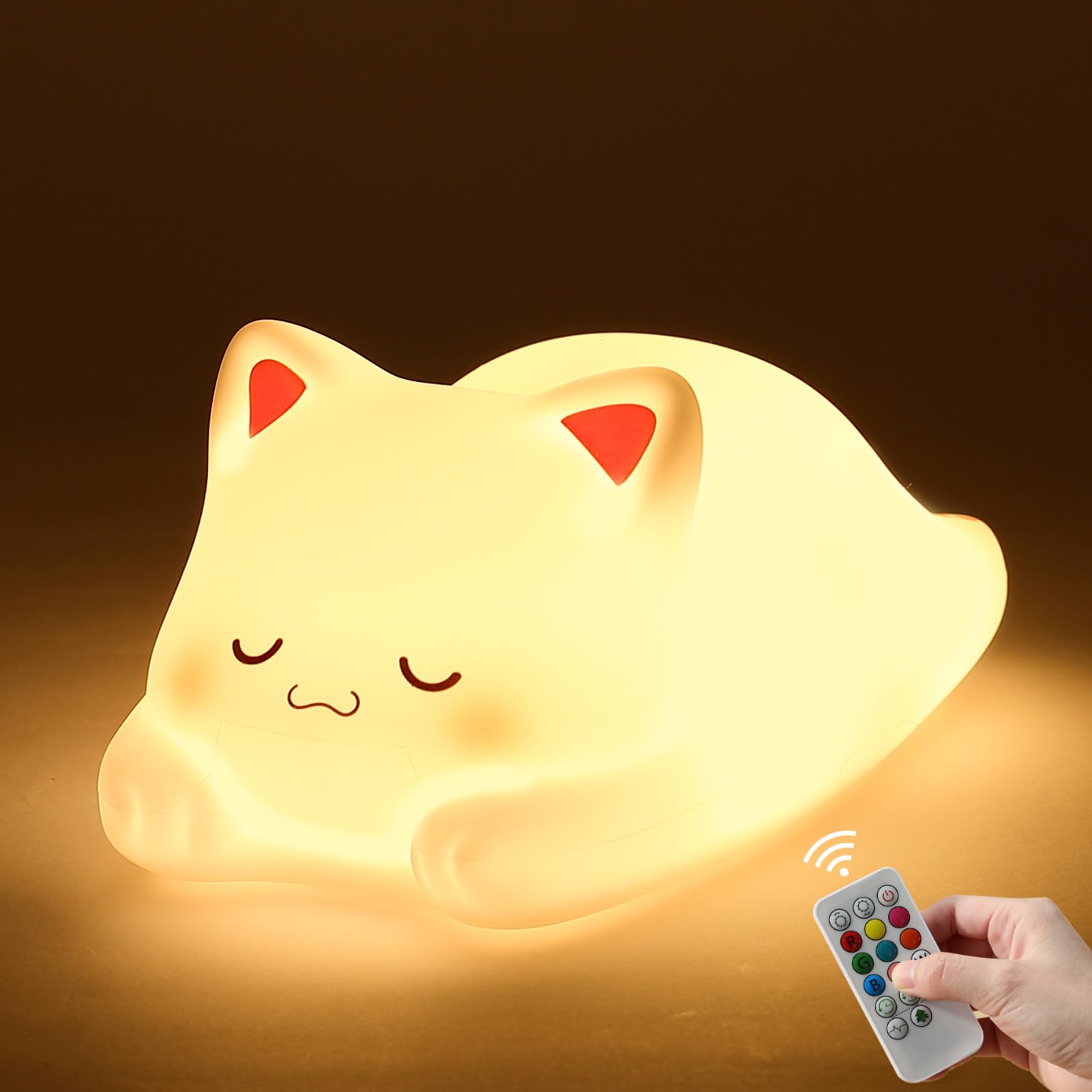 ZKLiLi Night Light for Kids Cute Remote Cat Lamp,16 Colors+Tap+Remote+Silicone Kids Night Light,USB Rechargeable Cat Night Light