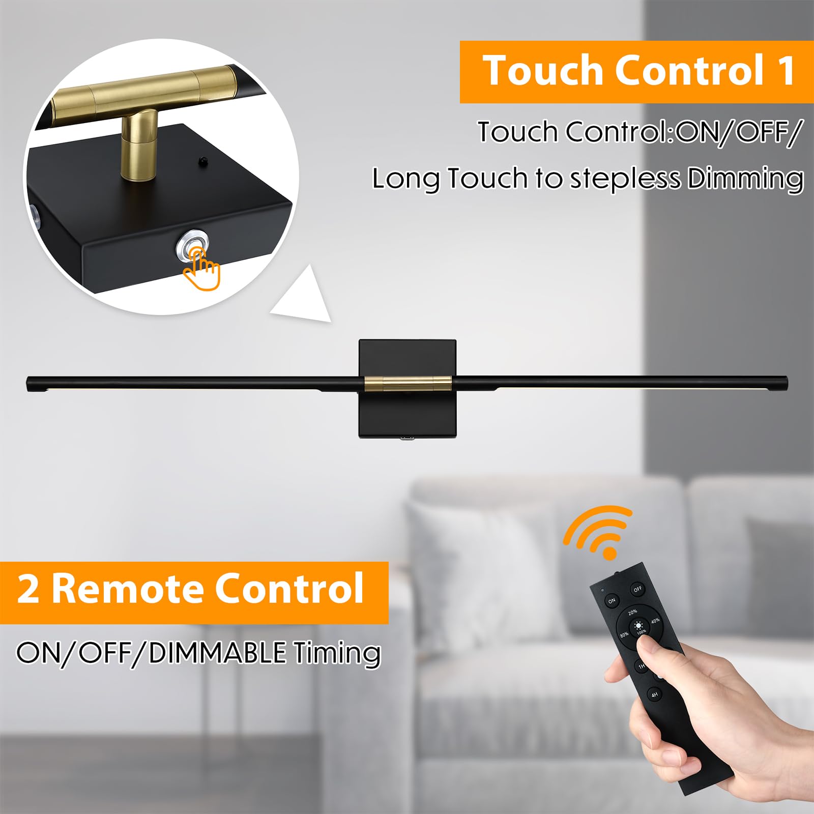 gernehop Battery Operated Wall Sconces Set of 2, Dimmable LED, Black Gold, 36 Inch, Model W6022-GDBK-2PK