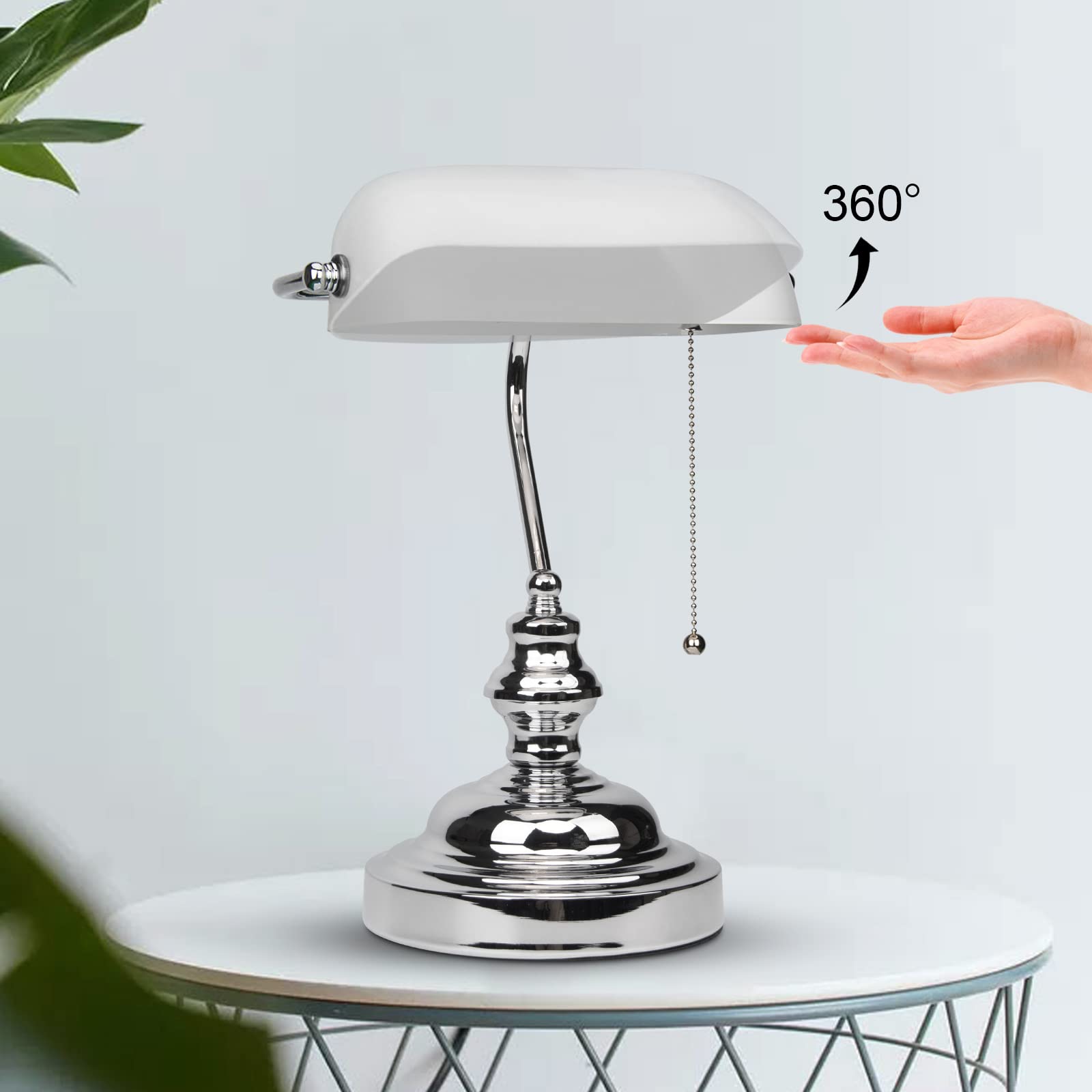 FIRVRE Bankers Desk Lamp T9007U-GW, Vintage White Glass Shade with Pull Chain for Office and Study Room