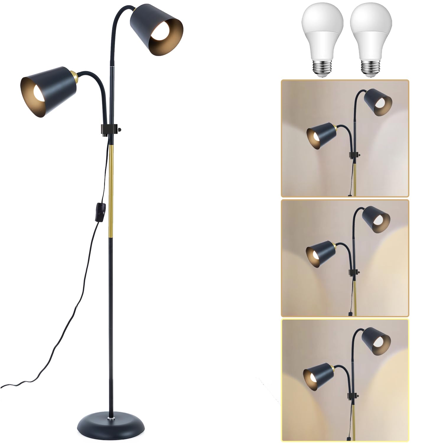 AoMck Floor Reading Lamp, Industrial Metal Floor Lamps for Living Room with Adjustable Bendable, 2 in 1 Reading Table Lamps for 