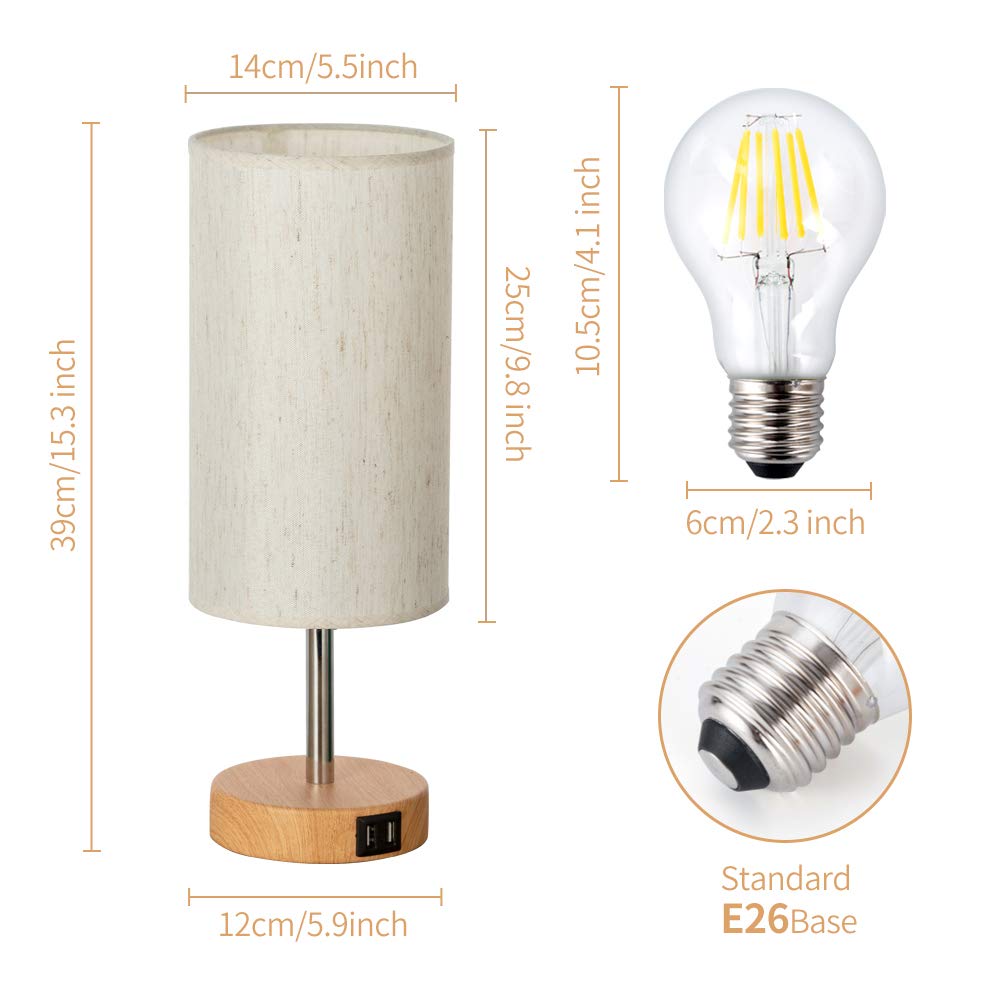 Yarra-Decor USB Bedside Table Lamp - Touch Control, 3-Way Dimmable, Round Flaxen Shade, Bedroom & Home Office, Model Q9