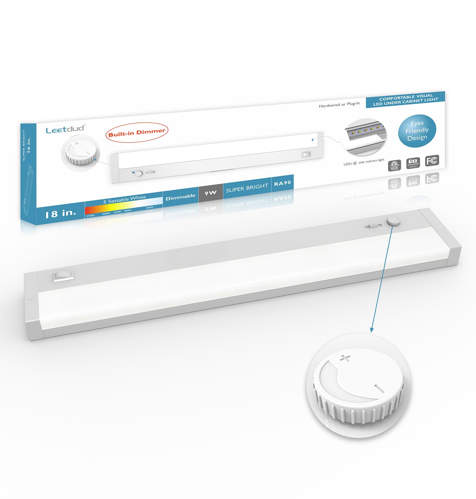 Leetdud LED Under Cabinet Lighting Built-in Dimmer Plug in or Hardwired,18 Inch 9W Dimmable 5 Color 2700K/3000K/3500K/4000K/5000