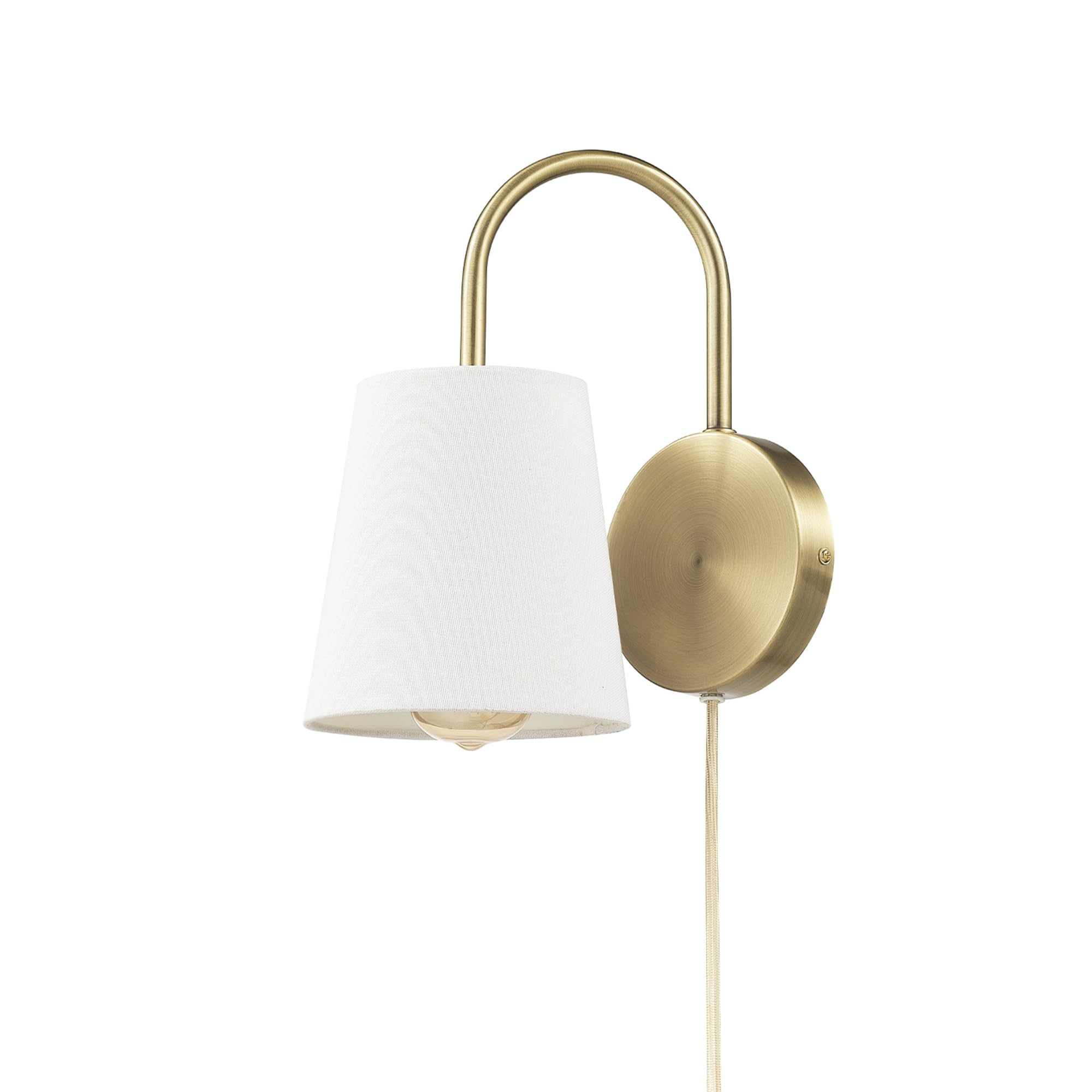 Globe Electric 65000053 1-Light Hardwire or Plug-in Wall Sconce, Matte Brass, White Textured Shade, Arched Arm, Lighting, Home D