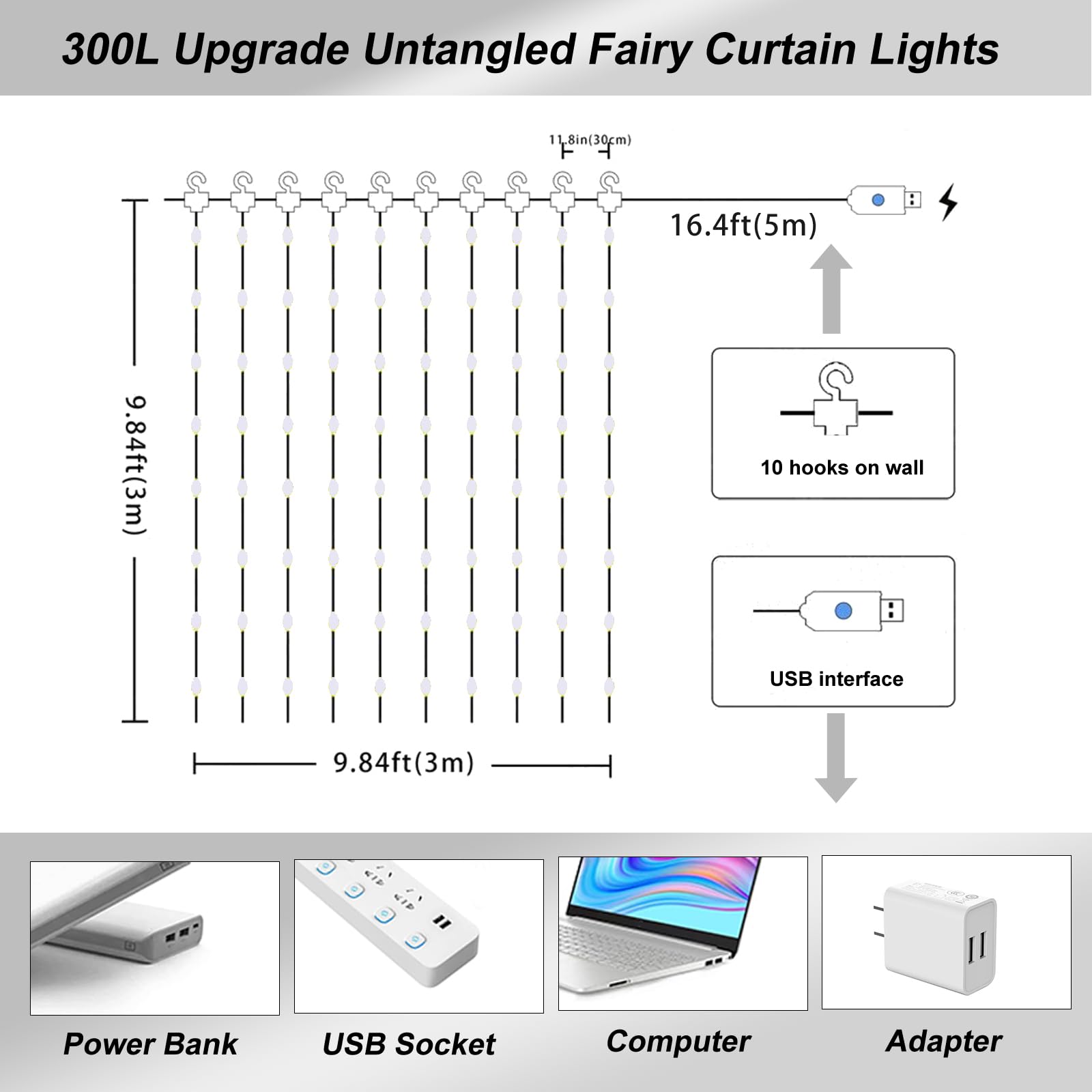 Sinamer Upgrade 300Led White Curtain Light With Untangled Wires, 9.8Ft X 9.8Ft Copper Wire String Lights, Usb Plug Hanging Window Fairy Lights, 8 Modes & Remote For Home Christmas Wedding Party