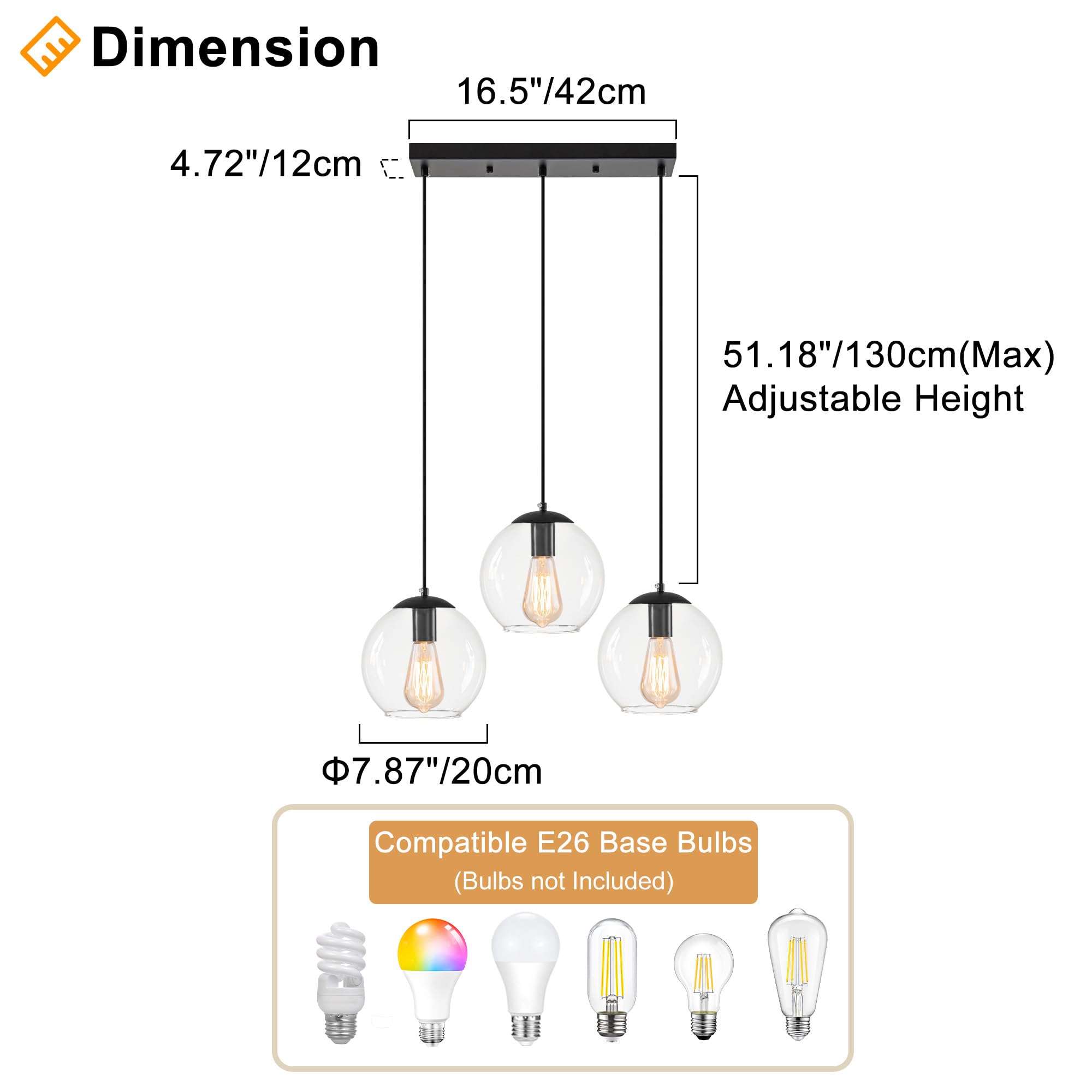 Lmsod Globe Pendant Light, Modern Hanging Lighting Fixture, Classic Cluster Chandelier With Clear Glass Shades(Black, 3 Lights,