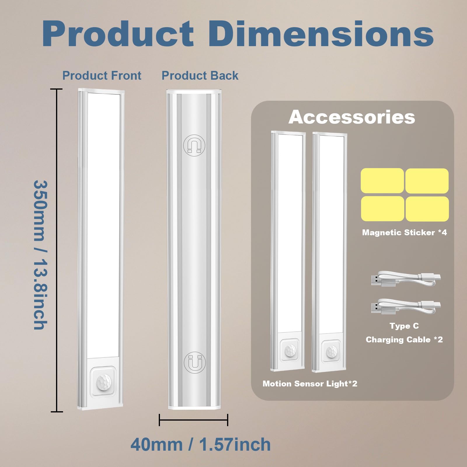 Onforu 13.8 Under Cabinet Lighting  2700Mah Usb-C Rechargeable  Motion Sensor Under Cabinet Lights With 3 Color & Dimmable  Magnetic Under Counter Lights For Kitchen  Closet  2 Pack
