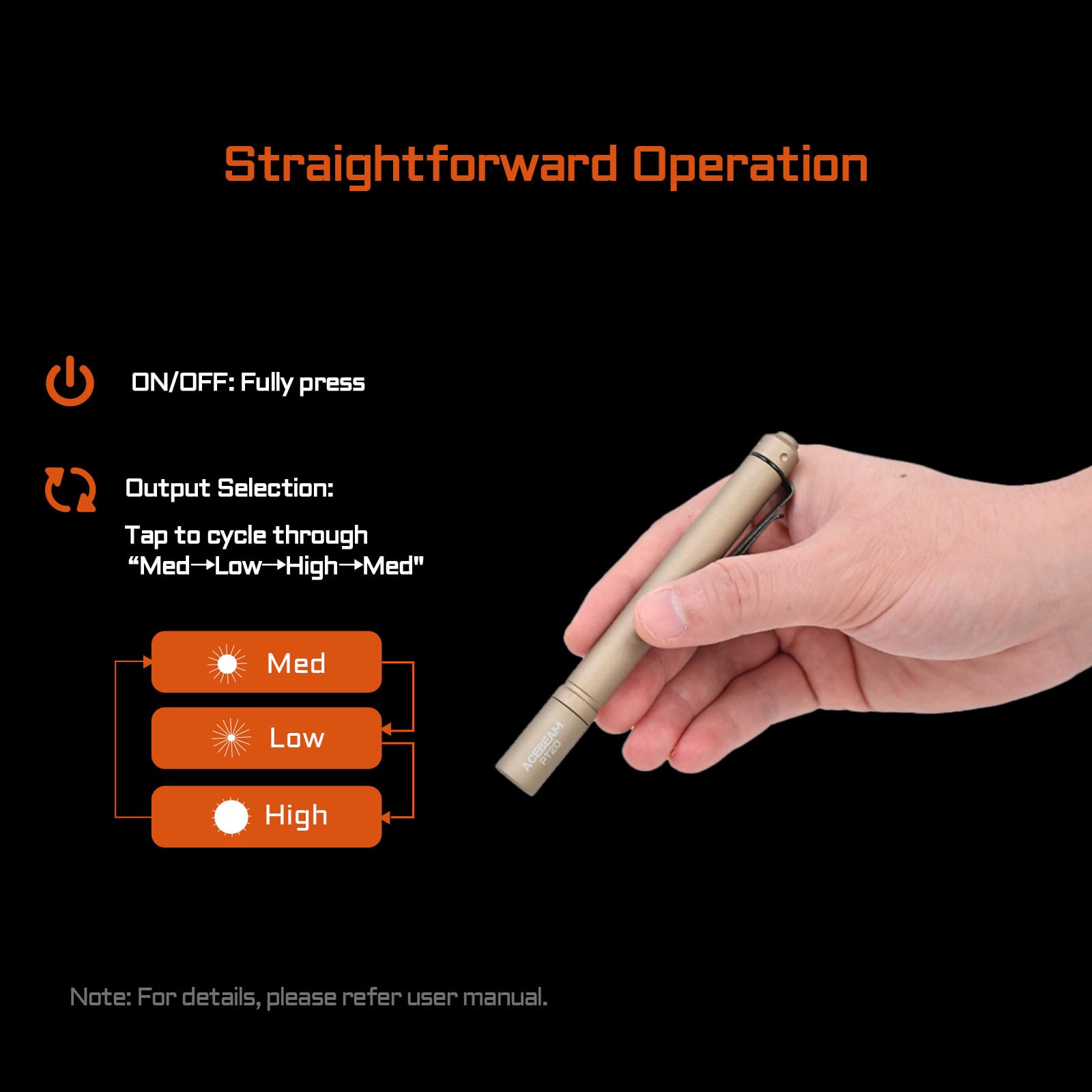ACEBEAM PT20 Rechargeable EDC Flashlight - 500 Lumens, Compact Aluminum, Desert 6500K, Perfect for Camping & Emergency Use