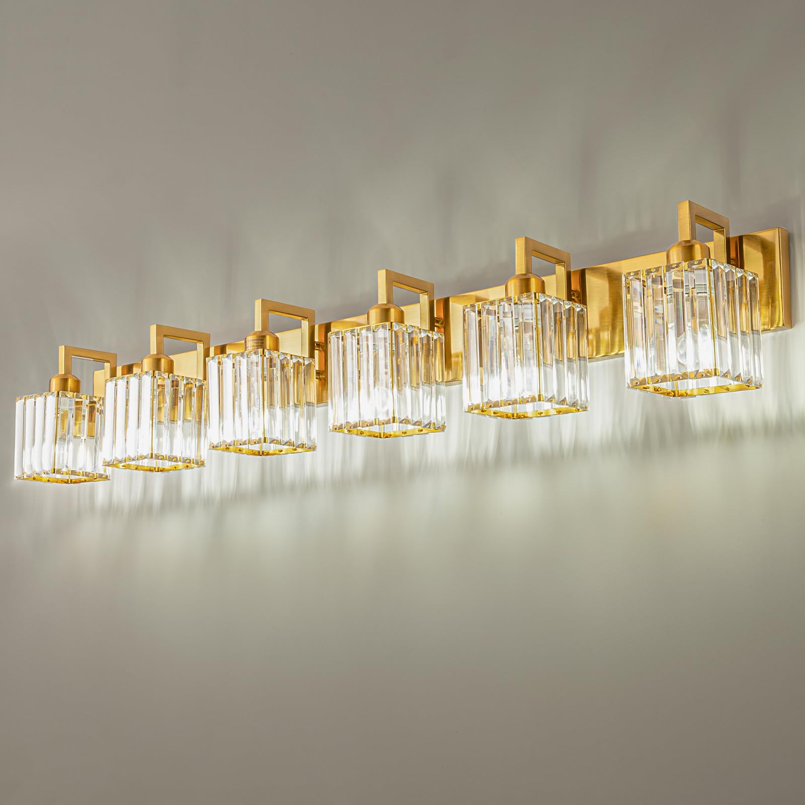Fdpby Modern Crystal Bathroom Vanity Light 6-Lights Gold Brushed Brass Finish Modern Crystal Wall Lamp Bathroom Modern Crystal V