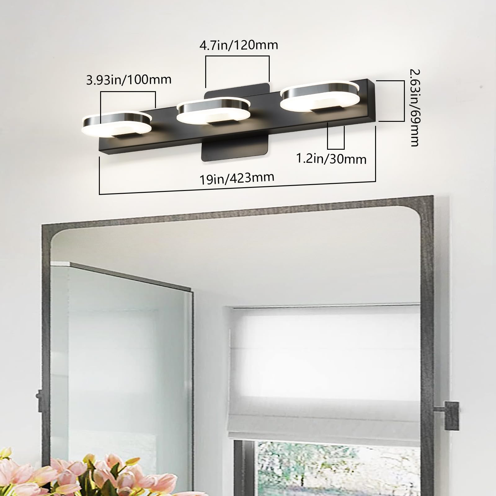 Myhaptim Modern LED Vanity Light Fixture, 3 Lights, Stainless Steel, 19 Inch, Black
