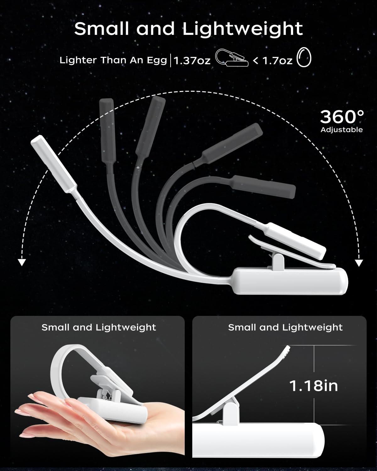 Lucarni Clip-On Book Light, AAA Battery, 3 Colors, Stepless Dimming, Ultra-Lightweight, Model AA-WH-2, White